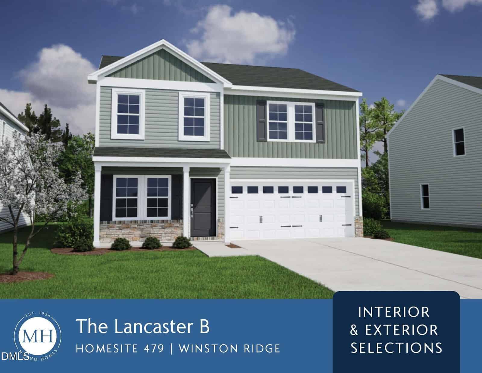 A two-story house with light green siding, white trim, and brick accents, featuring a double garage and a manicured lawn. Text overlay reads: "The Lancaster B, Homesite 479, Winston Ridge, Interior & Exterior Selections.