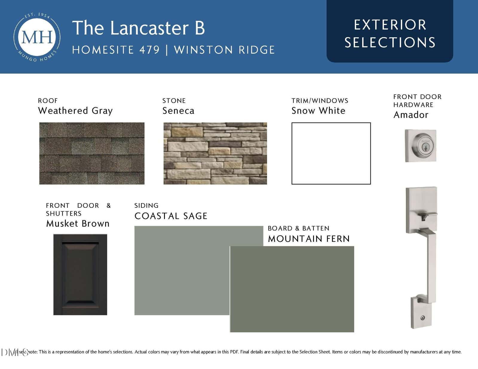A selection board for The Lancaster B exterior shows samples: Weathered Gray roof, Seneca stone, Musket Brown front door and shutters, Coastal Sage siding, Mountain Fern board and batten, Snow White trim, and Amador front door hardware.