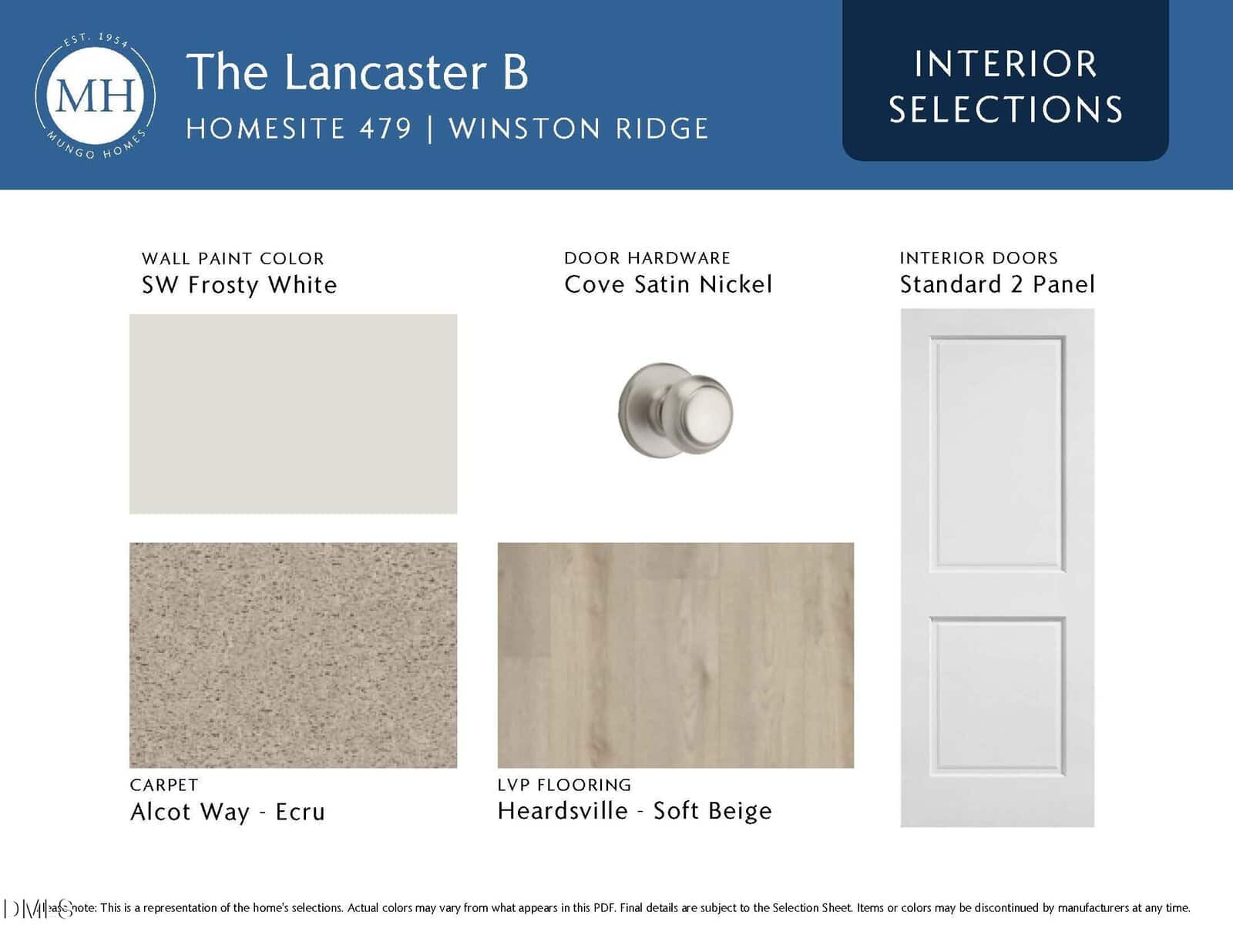 Interior selections for The Lancaster B: wall paint in white, satin nickel door knob, standard 2-panel white door, light ecru carpet, and soft beige wood-look flooring, shown in labeled samples.