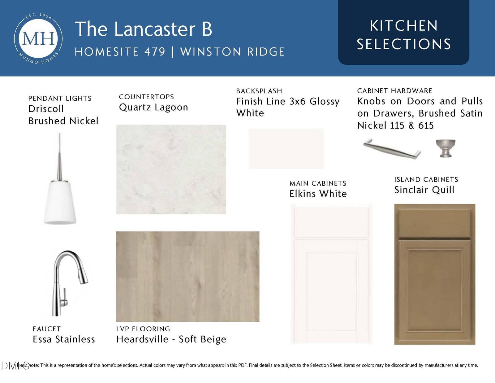 Kitchen selections board for The Lancaster B: includes brushed nickel pendant lights, quartz lagoon countertops, glossy white backsplash, Elkins white main cabinets, Sinclair cypress island cabinets, and soft beige flooring.
