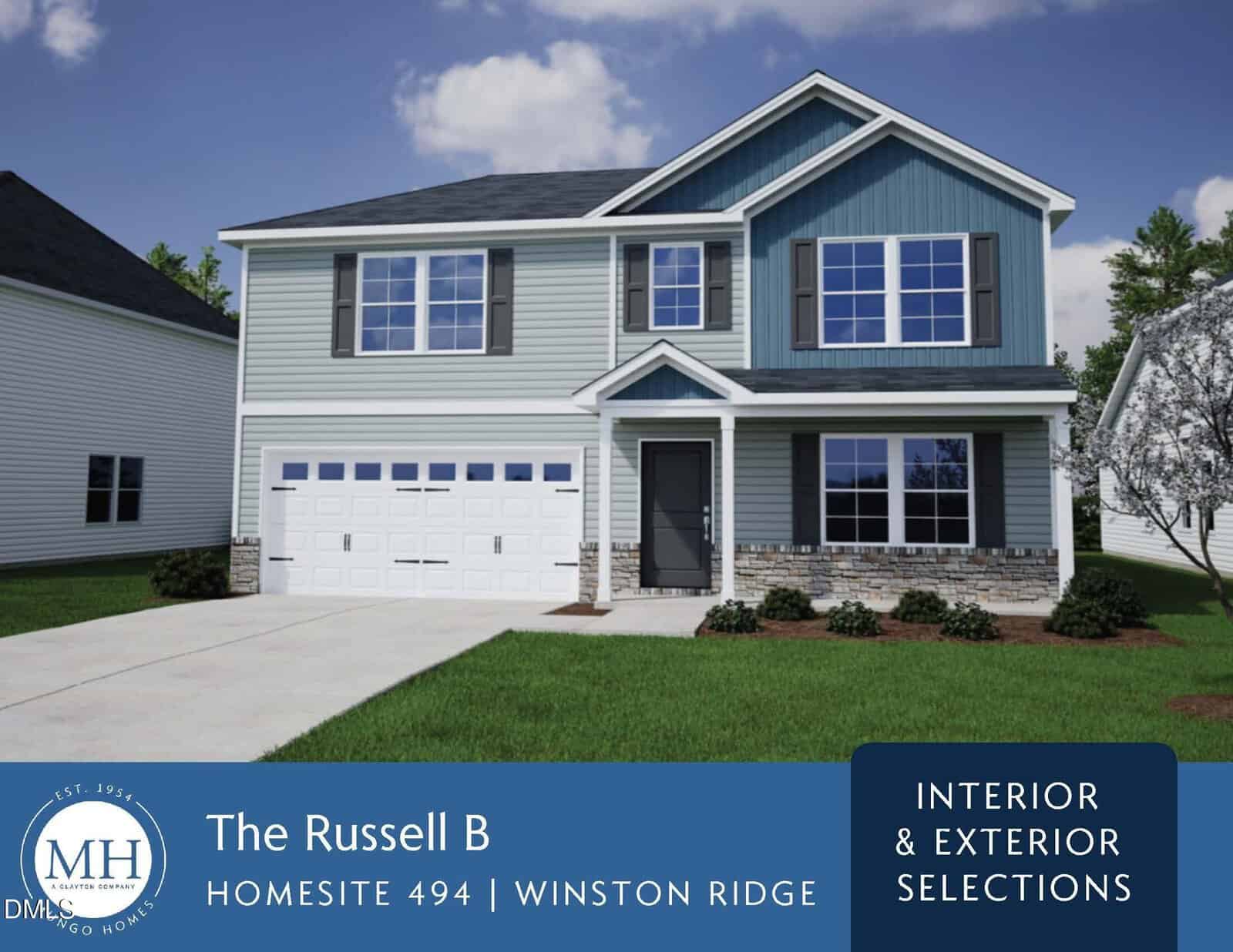 A modern two-story house with blue and white siding, dark shutters, a front porch, double garage, and green lawn. Text overlay reads: "The Russell B, Homesite 494, Winston Ridge, Interior & Exterior Selections.