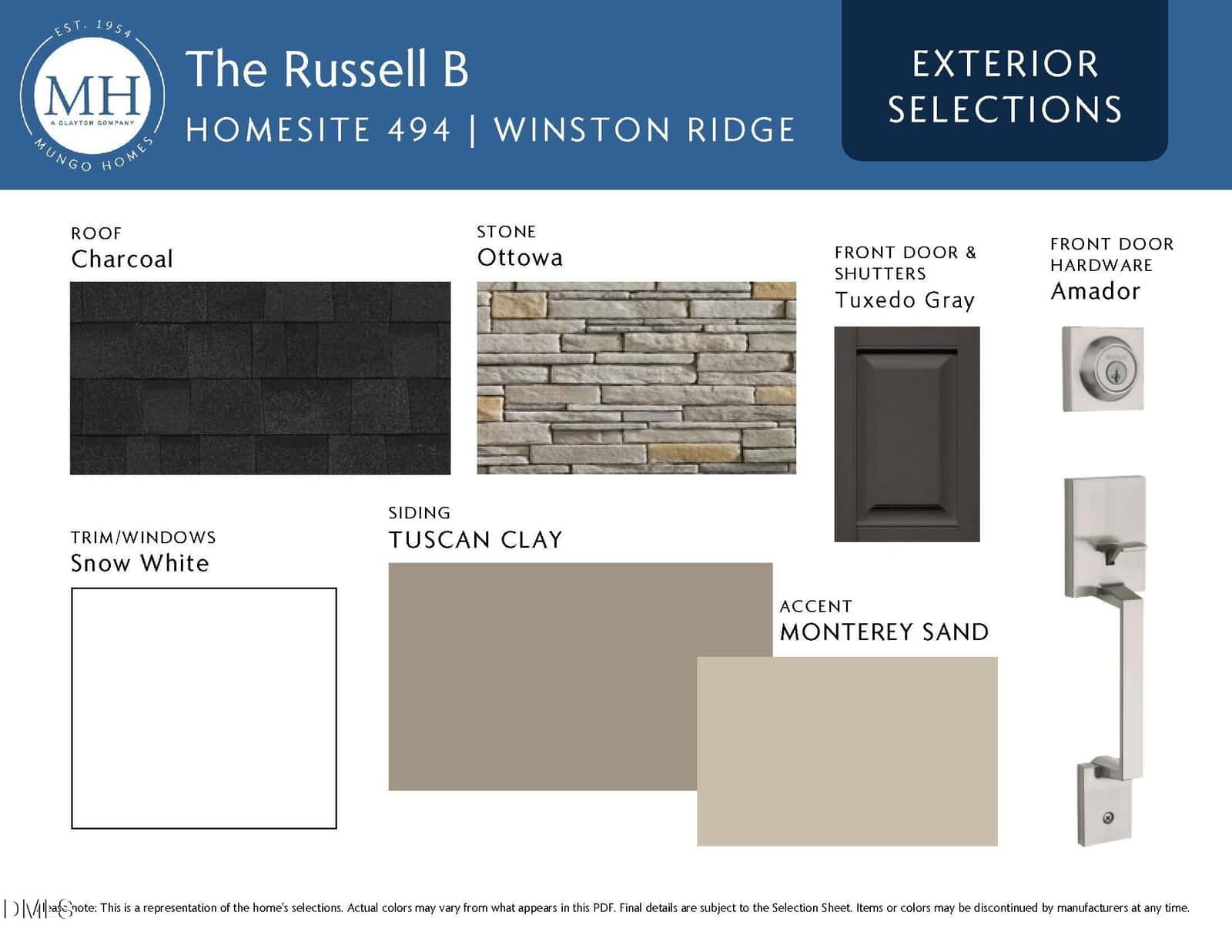 A home exterior selection board for The Russell B model shows samples: charcoal roof shingles, stone veneer named Ottawa, Tuscan clay siding, Monterey sand accent, snow white trim, tuxedo gray door, and Amador door hardware.