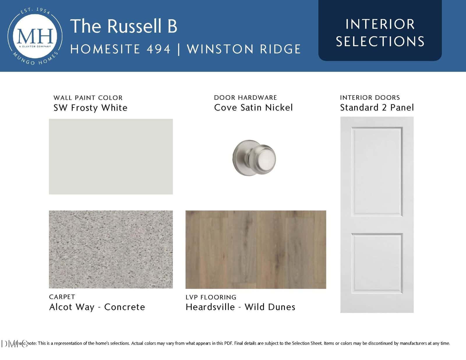 Interior selections for a home, featuring SW Frosty White wall paint, satin nickel door hardware, standard 2-panel interior doors, Alcott Way concrete carpet, and Heardsville Wild Dunes LVP flooring.