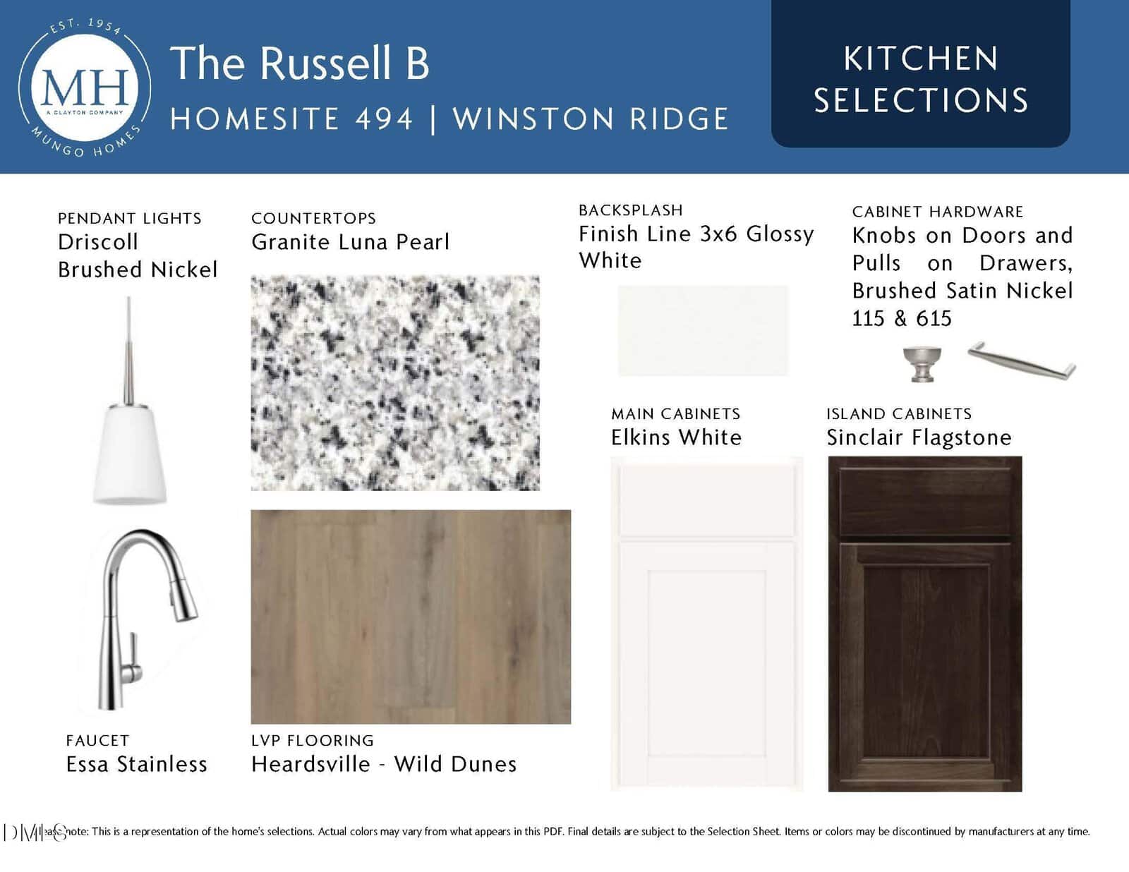 Kitchen selection board showing a brushed nickel faucet, granite and heardsville flooring samples, backsplash tile, white and dark brown cabinet samples, and brushed nickel cabinet hardware options for The Russell B home.