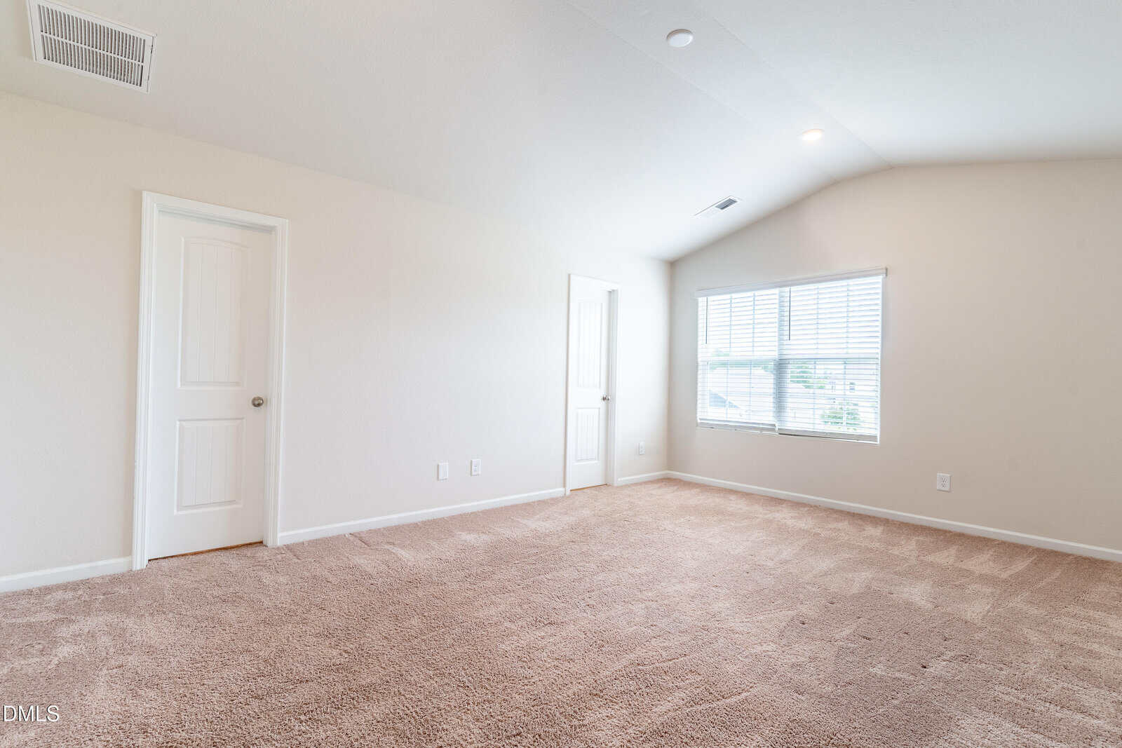 Bright, empty room with beige carpet, white walls, two closed doors, and a large window with blinds letting in natural light. Ceiling is vaulted with recessed lighting.