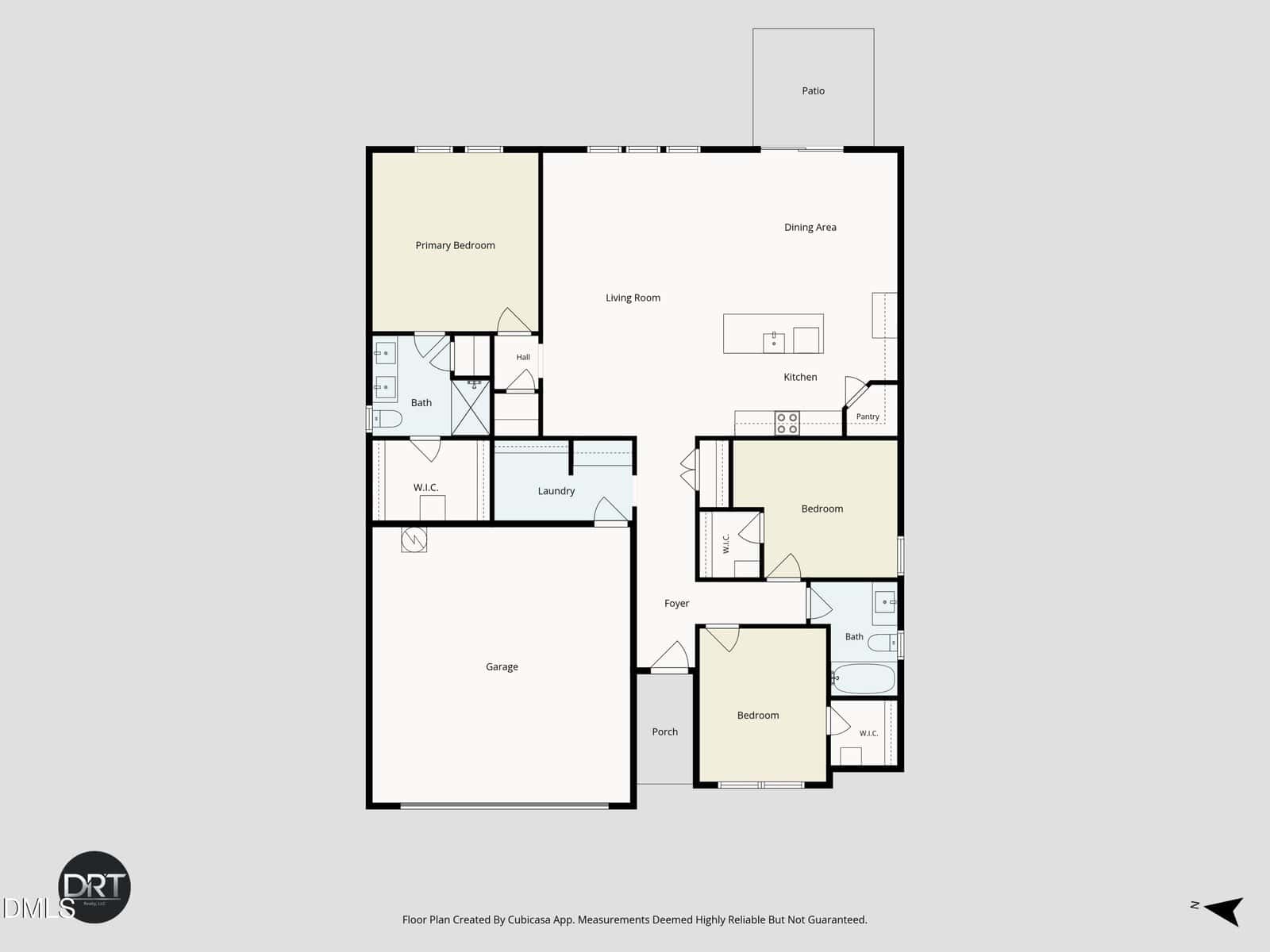 A floor plan shows a three-bedroom, two-bath home with an attached garage, laundry room, kitchen, dining area, living room, foyer, pantry, two walk-in closets, porch, and patio. Directions are indicated in the bottom right.