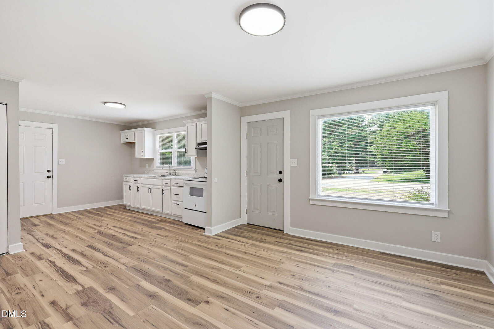 Bright, unfurnished kitchen and living space with wood-style floors, white cabinets, and large window overlooking green trees and grass. Neutral-colored walls and modern lighting fixtures complete the room.