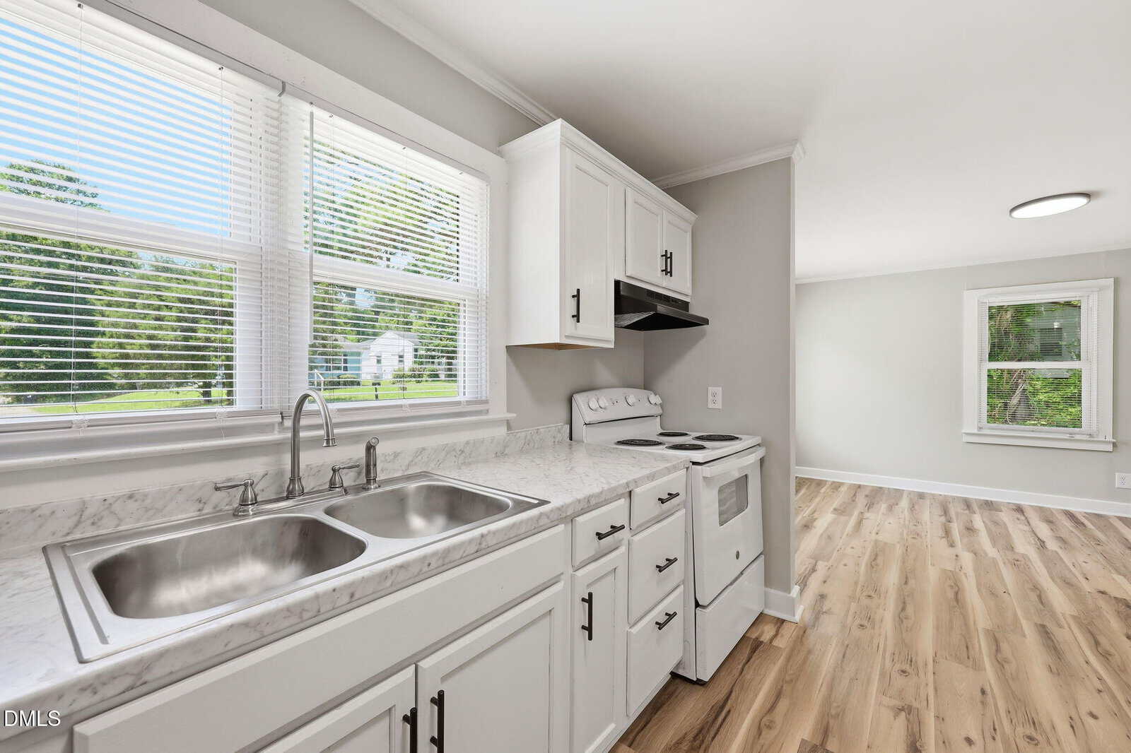 Bright kitchen with white cabinets, double sink, electric stove, marble-look countertop, and large window overlooking greenery. Light wood flooring extends into the living area, which has another window and neutral walls.