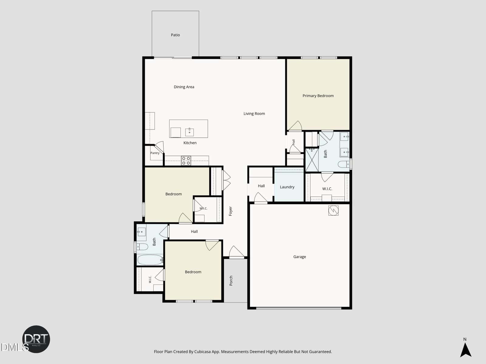 Floor plan of a single-story home showing three bedrooms, two bathrooms, a kitchen, dining area, living room, laundry room, pantry, garage, and patio. Rooms are labeled with doors and fixtures indicated. North is marked.