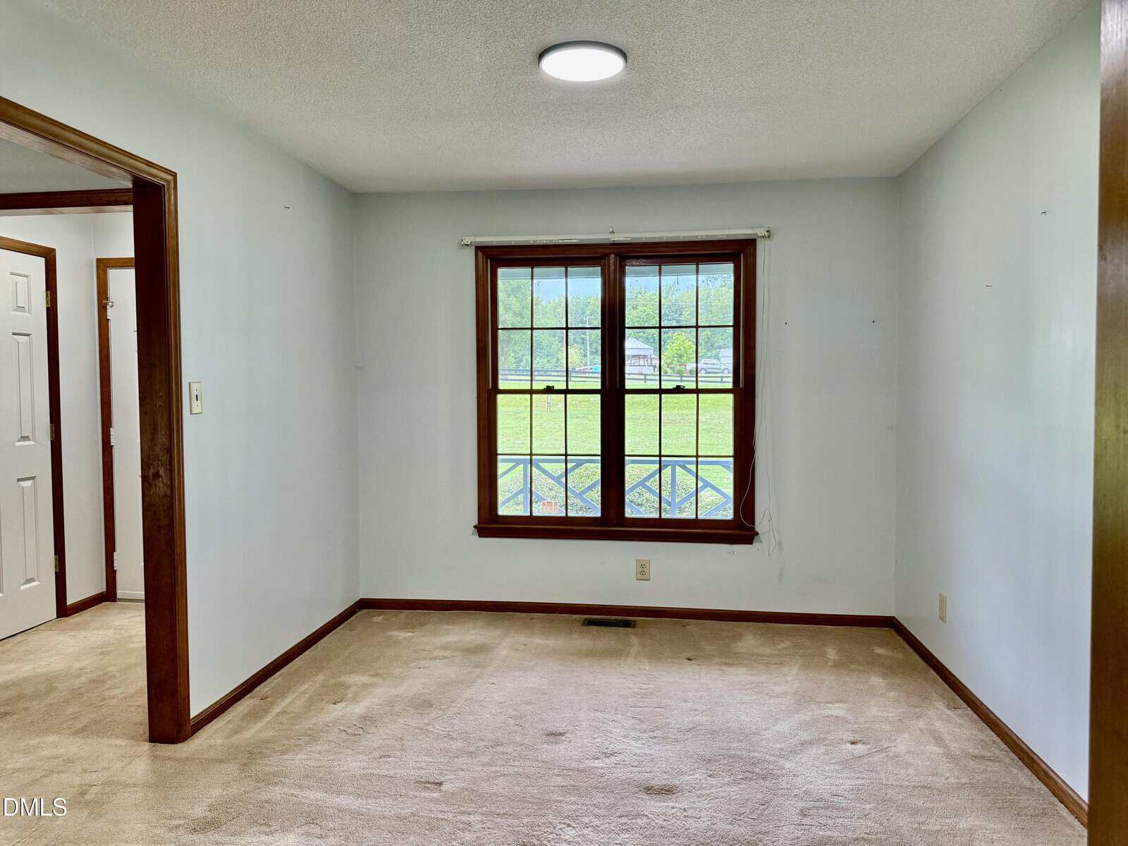 Empty room with beige carpet, white walls, a large window with a wooden frame, and a view of green grass and trees outside. Two open doorways lead to adjacent rooms. Ceiling light is on.