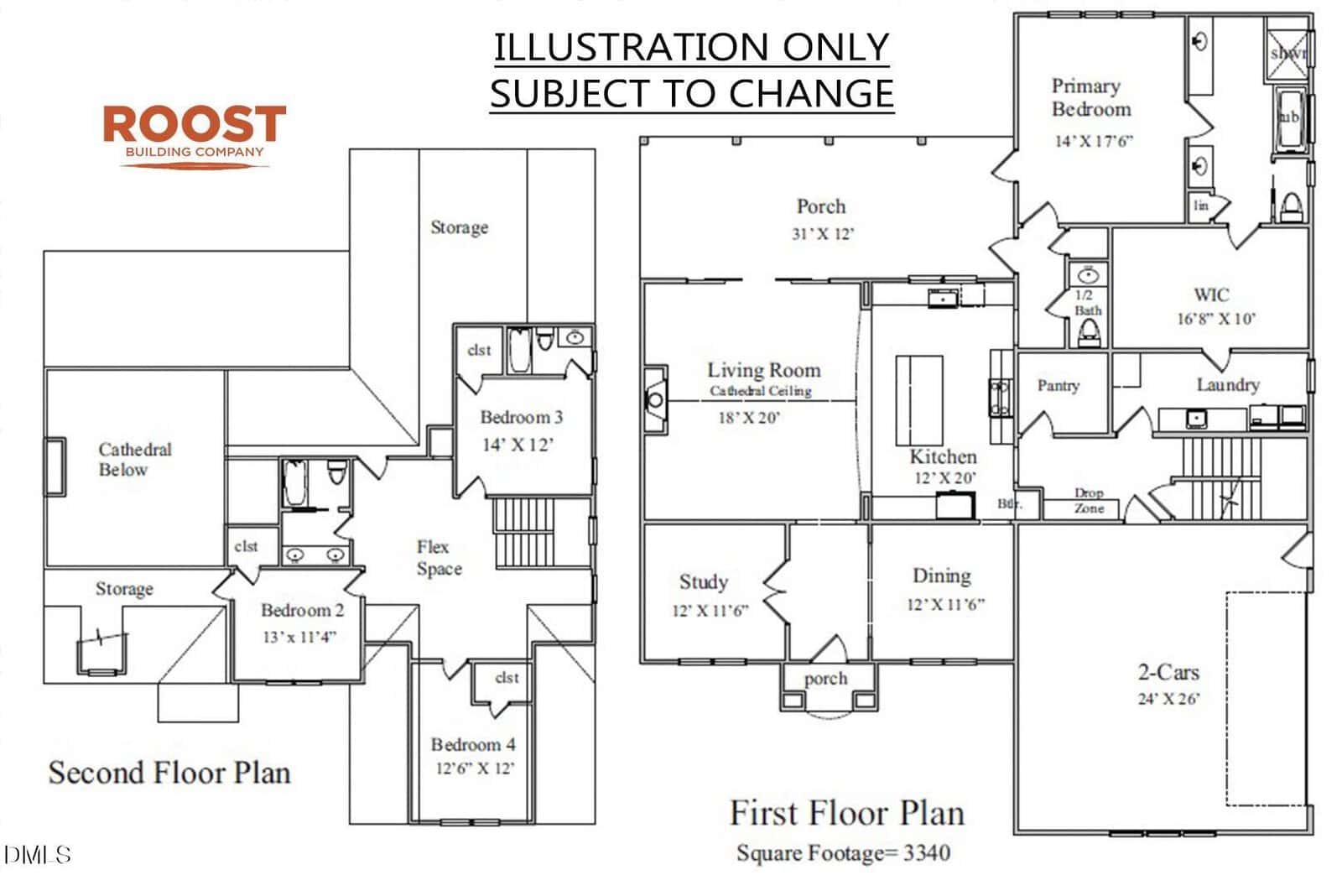 Black and white floor plan for a two-story house with labeled rooms including bedrooms, kitchen, living room, dining, study, laundry, porch, storage, and a two-car garage. Includes "ROOST" logo and disclaimer text.