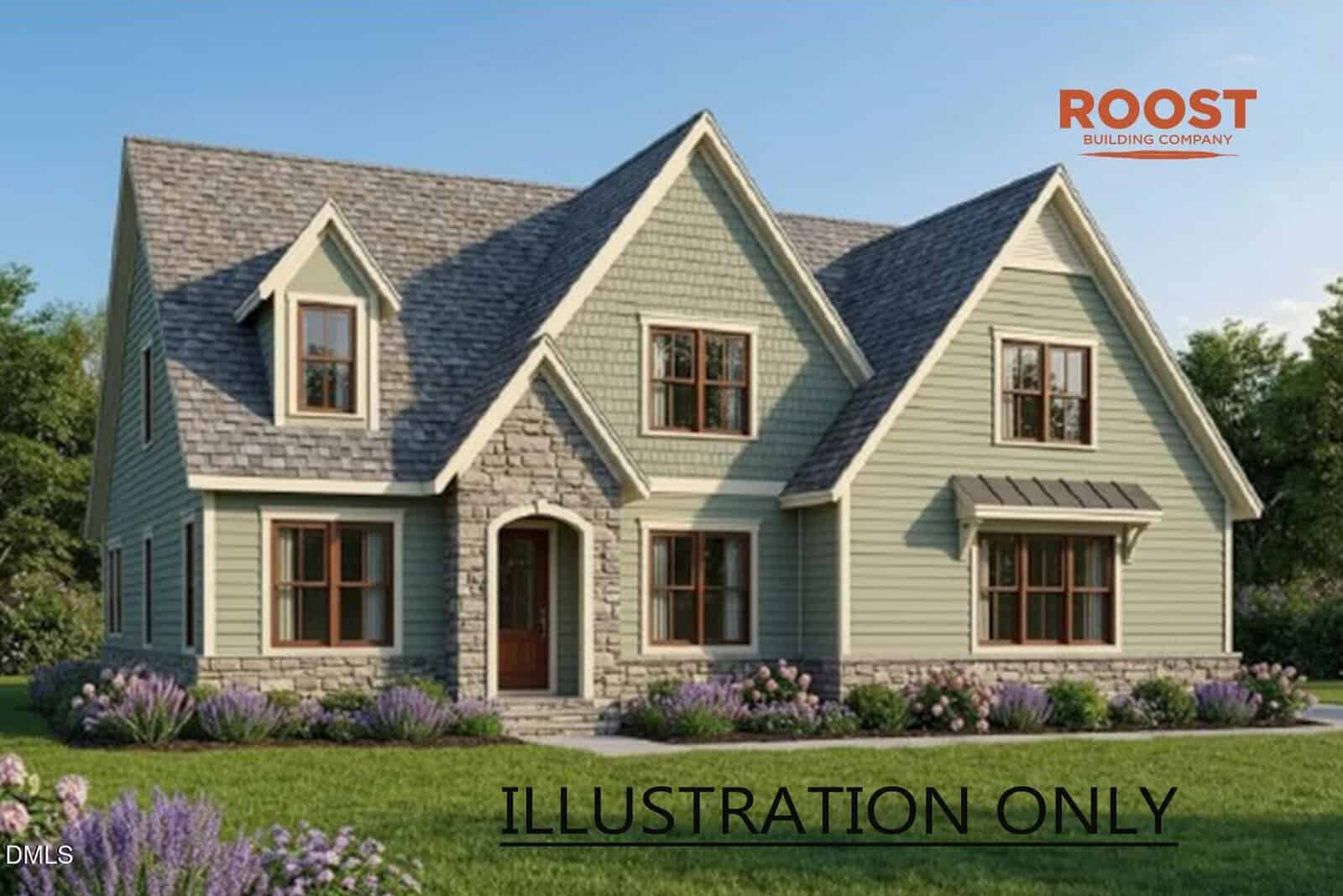 A two-story house with gray siding, stone accents, and multiple gables, surrounded by green lawn and purple flowers. The image includes "ROOST Building Company" logo and "ILLUSTRATION ONLY" text at the bottom.