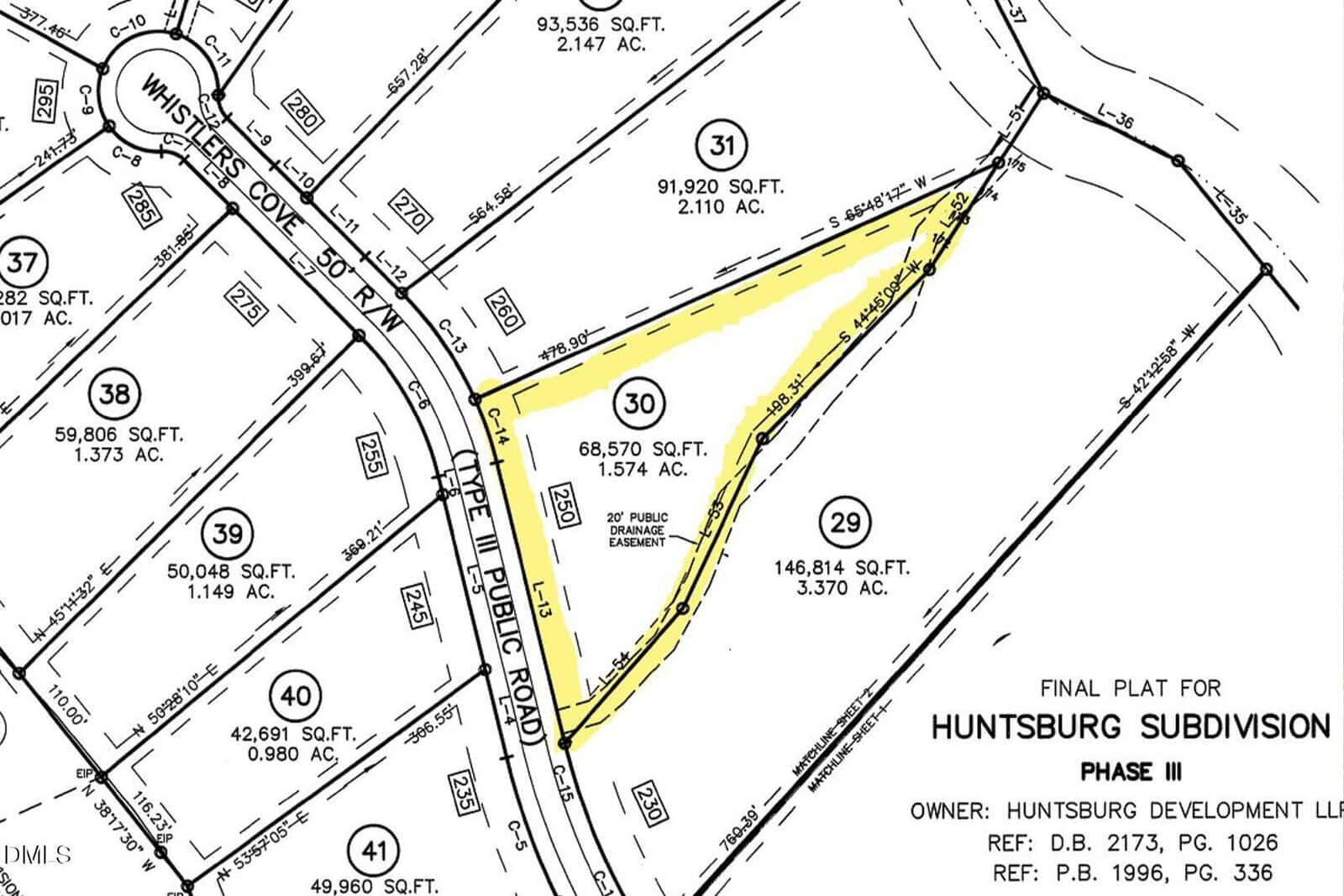 A black-and-white subdivision plat map highlights Lot 30 (68,570 sq. ft.) in yellow, bordered by Oak Hill Public Road, with adjacent lots labeled with numbers, areas, and dimensions. Title block at bottom right reads "HUNTSBURG SUBDIVISION.