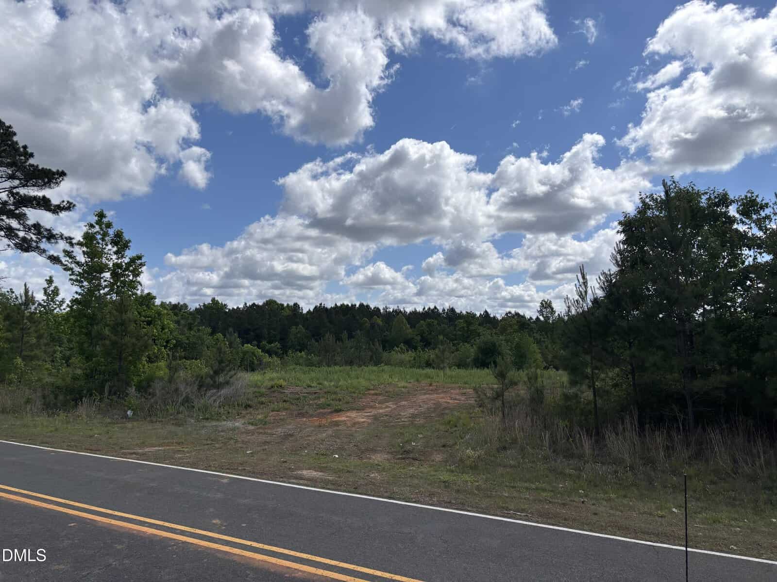 A clear day with blue sky and clouds above a rural roadside. The road has yellow lines, and there is green grass, bushes, and trees on the other side.