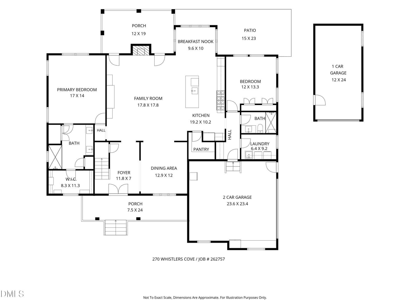 Black and white floor plan for a single-story house featuring three bedrooms, two bathrooms, a family room, kitchen, dining area, laundry, two porches, breakfast nook, pantry, two garages, and a patio.