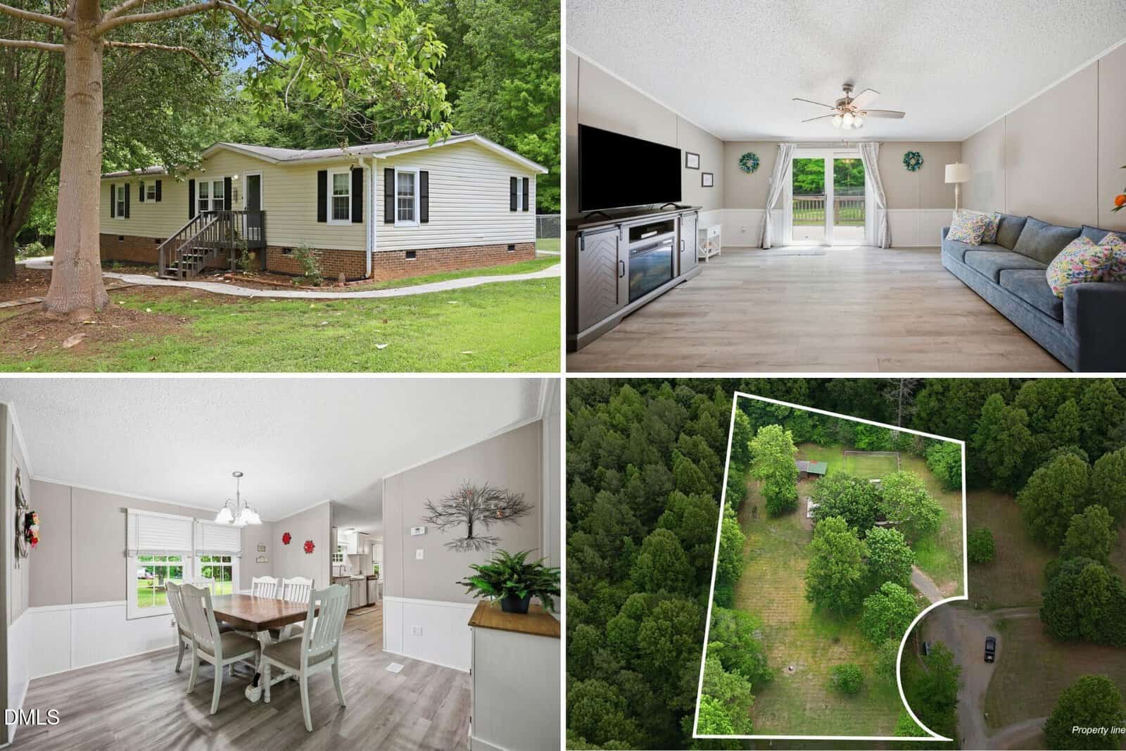 Four images showcase 4148 Forest Court in Oxford: a white house with porch and trees, a living room with blue couch and TV, a bright dining area, and an aerial view outlining the property surrounded by greenery.