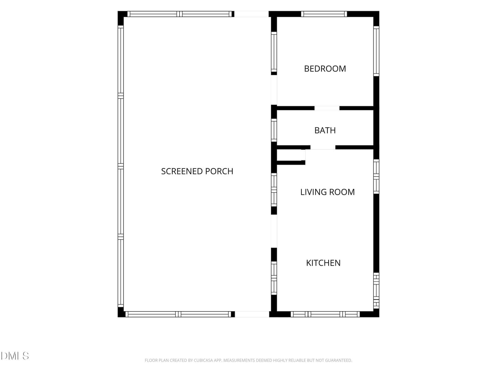 Black and white floor plan showing a screened porch on the left, and a bedroom, bath, living room, and kitchen arranged in a row on the right. Doors connect each room, with the porch accessible from the living room.