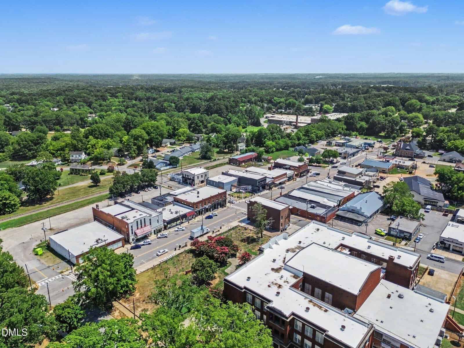 Aerial view of a small town with tree-lined streets, commercial buildings, and residential areas surrounded by greenery under a blue sky.