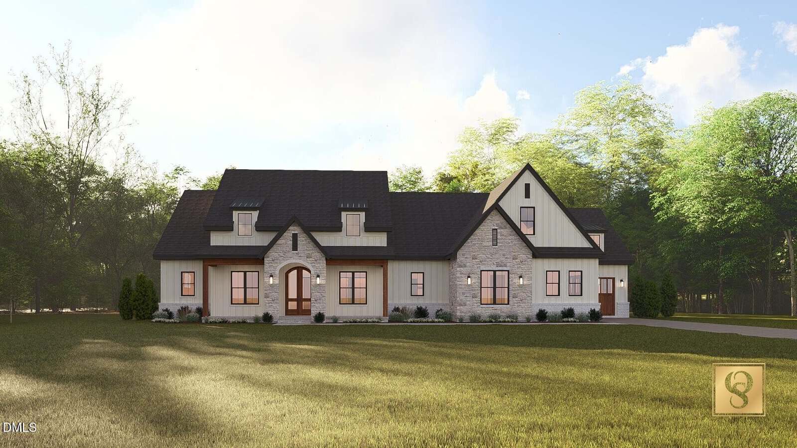 Modern farmhouse at 50 Hidden Lake Drive, Youngsville, with white siding, gray stone accents, black roof, and large windows, set against a green lawn and surrounded by tall trees under a partly cloudy sky.