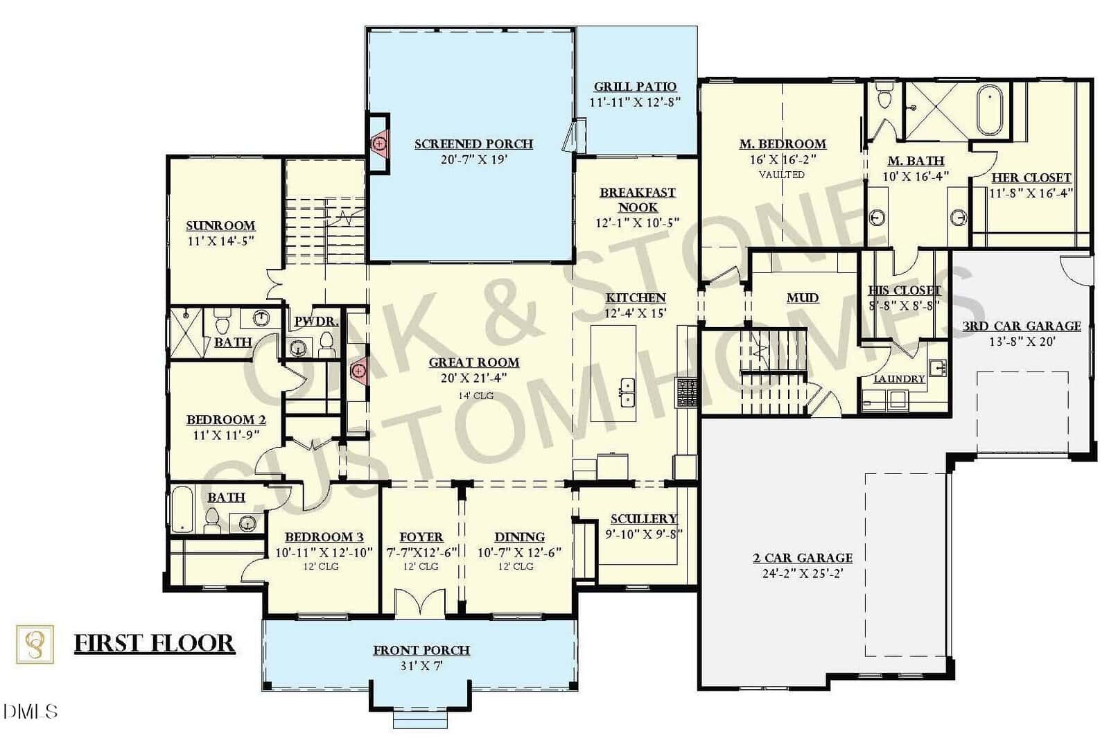 Floor plan for a single-story house with three bedrooms, three bathrooms, a great room, kitchen, breakfast nook, sunroom, screened porch, mud room, two-car garage, and a third-car garage.
