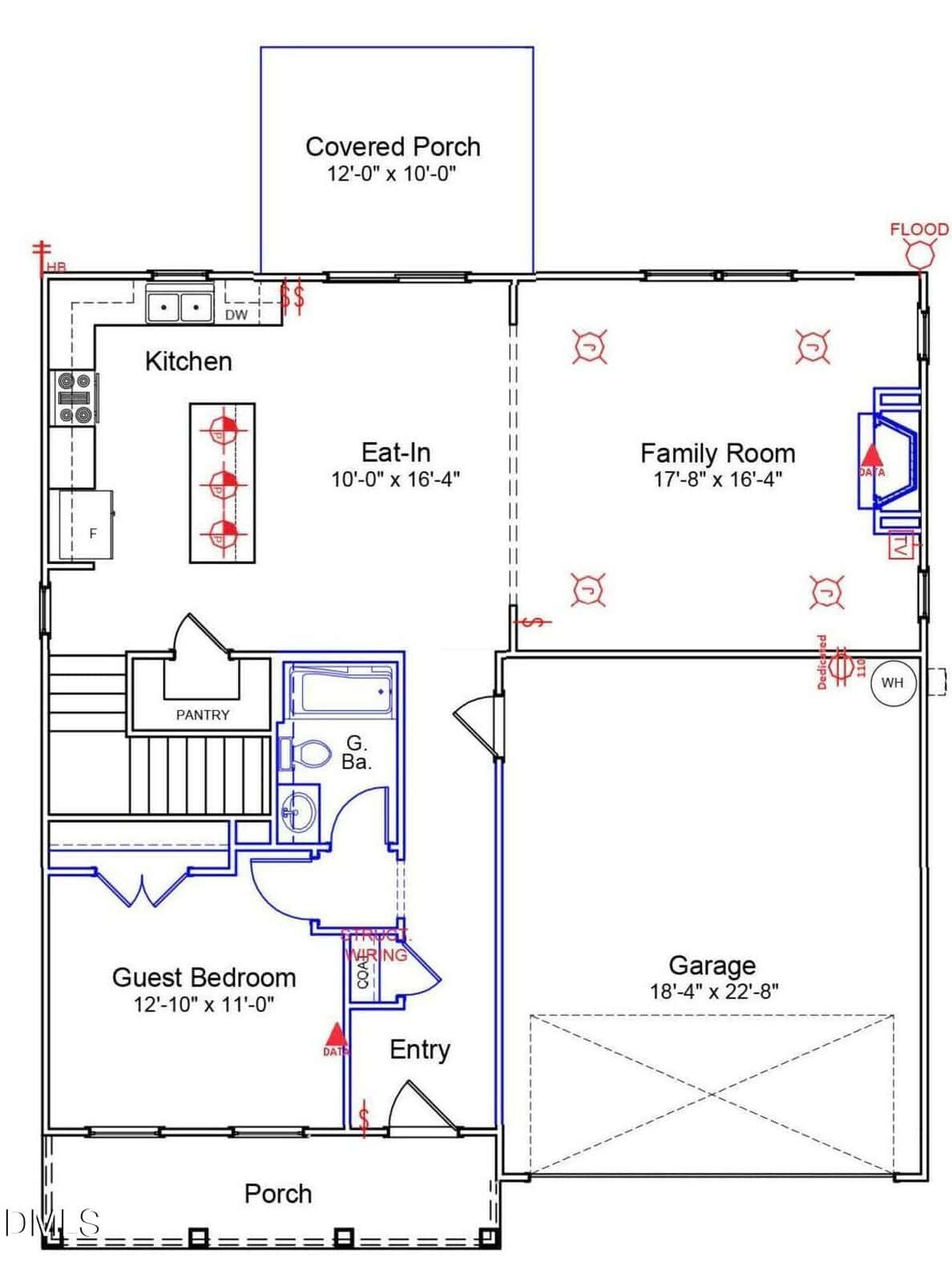 Floor plan of a house showing a porch, entry, guest bedroom, bathroom, pantry, kitchen, eat-in area, family room, covered porch, and a two-car garage with labeled dimensions for each space.