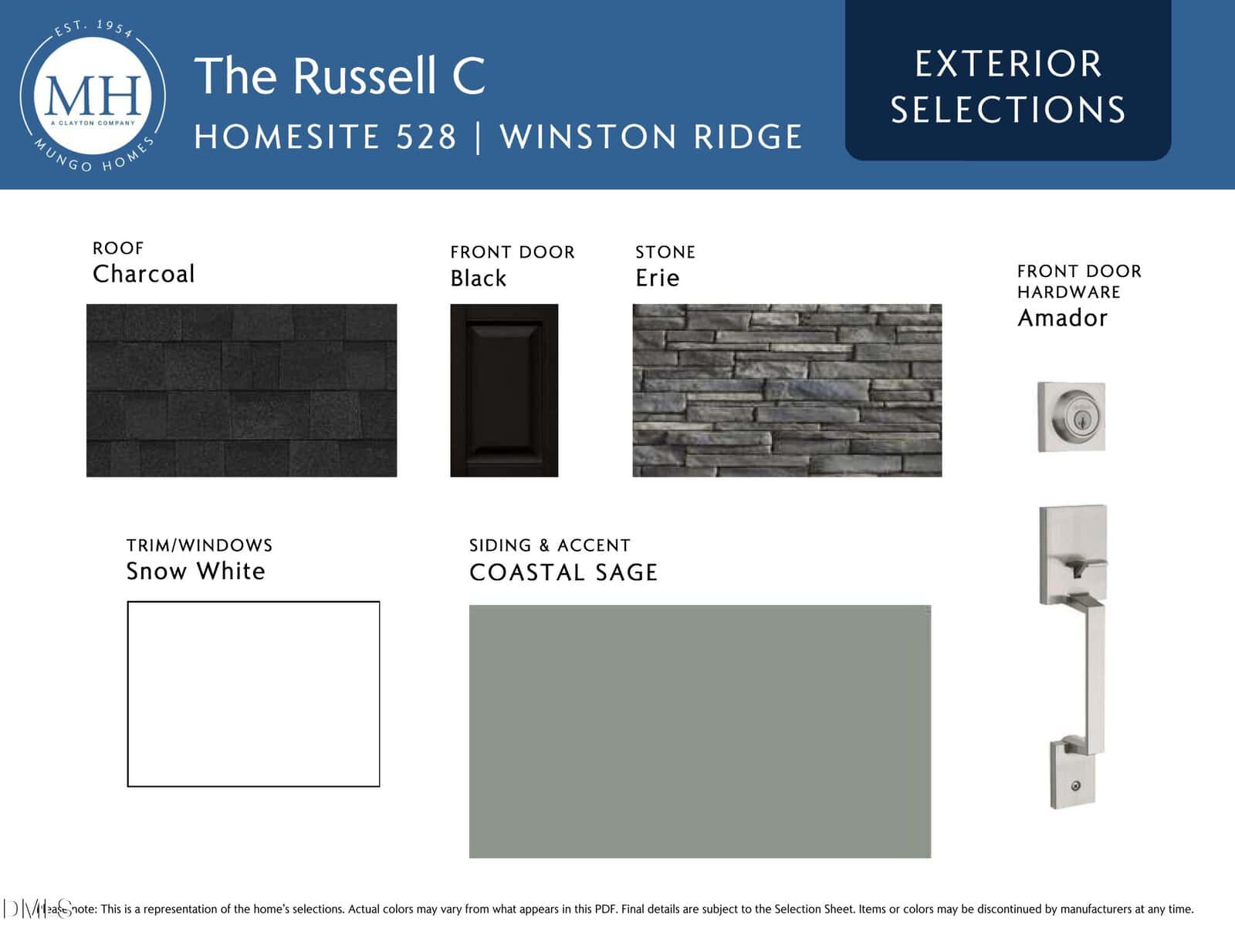 A design board showing exterior selections for The Russell C at Winston Ridge, including roof in charcoal, front door in black, stone in erie, trim/windows in snow white, siding in coastal sage, and silver hardware.