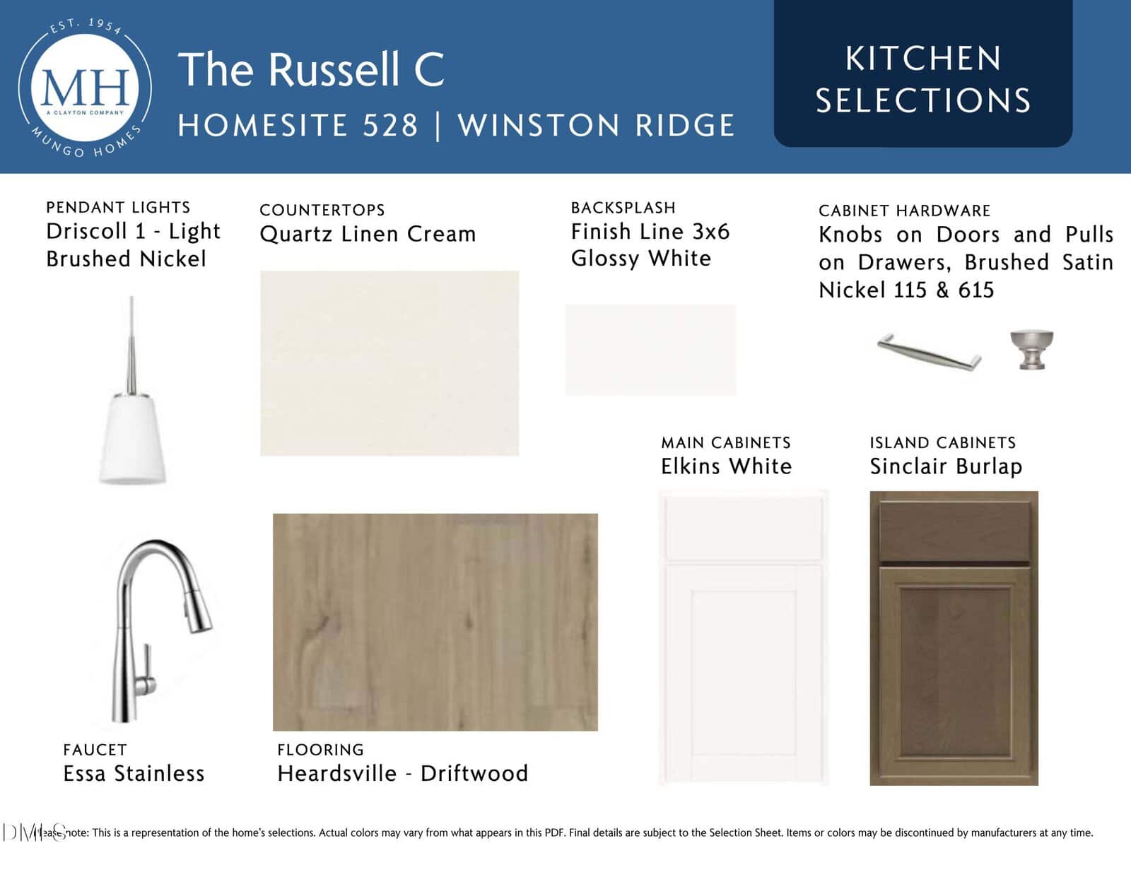 Kitchen selections including light fixture, quartz cream countertop, glossy white backsplash, stainless faucet, driftwood flooring, white and burlap cabinets, and brushed nickel hardware, all labeled with names and images.