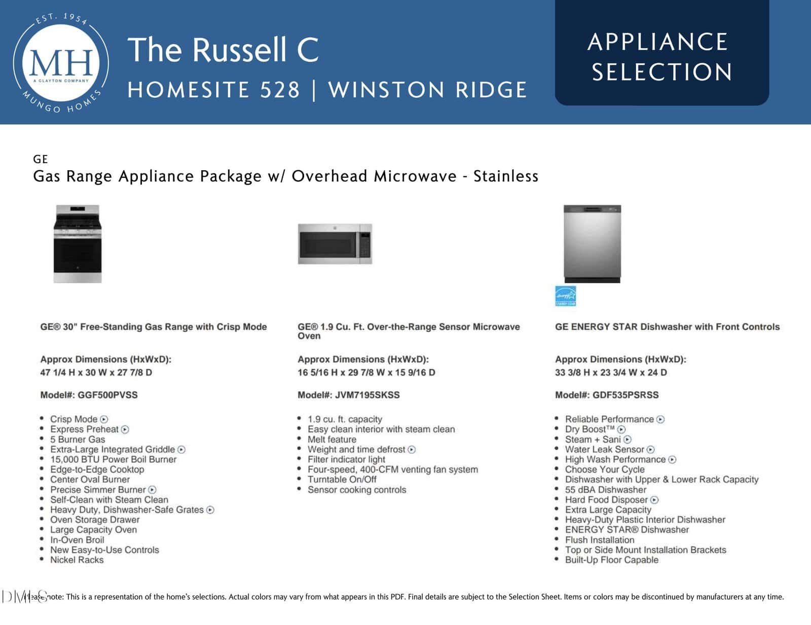 Appliance selection sheet for The Russell C home, showing images and details for a GE gas range, microwave, and dishwasher in stainless steel finishes.
