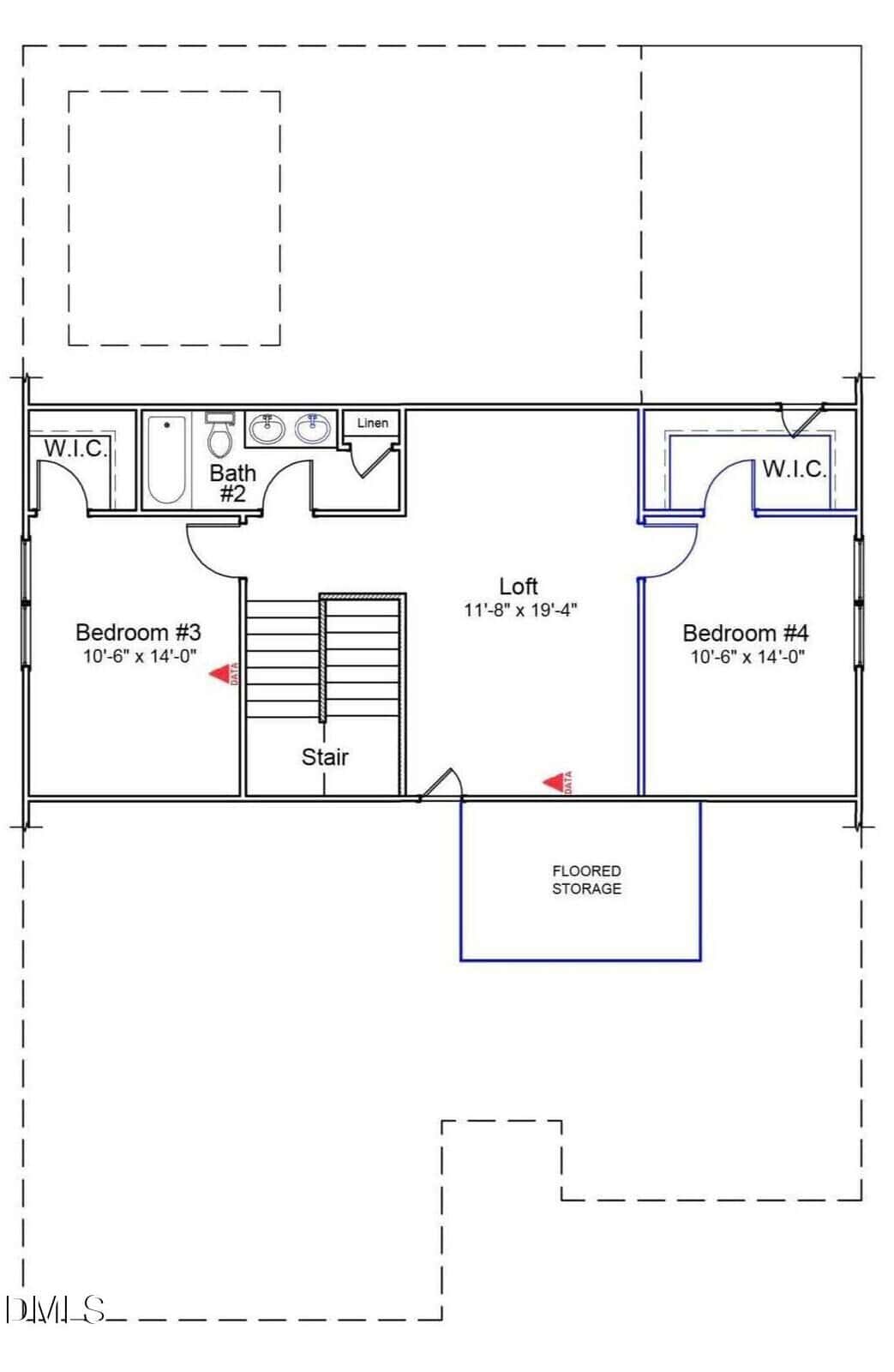 Floor plan of an upper level featuring two bedrooms, each with a walk-in closet, a bathroom, a linen closet, a central loft, stairs, and a floored storage area above the lower level.