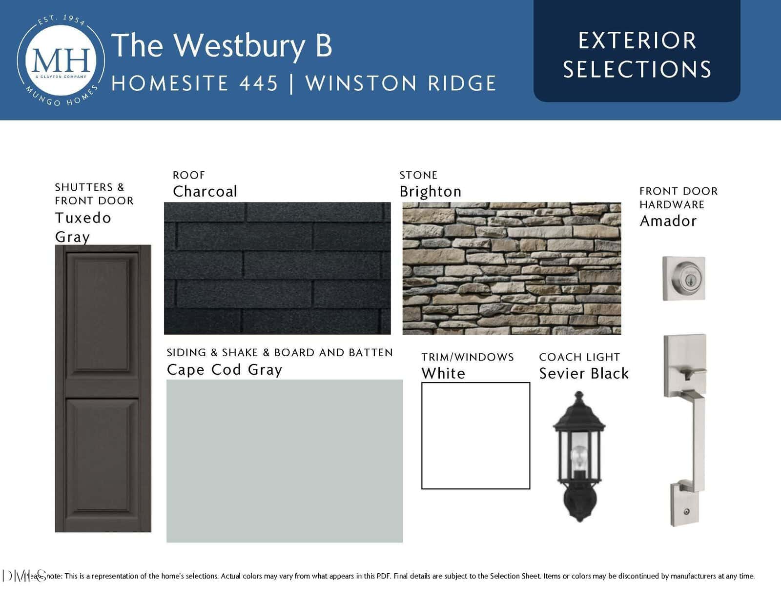 A selection board displays exterior design choices for a home, featuring gray siding, white trim, black lantern, stone accents, charcoal roof, gray doors, and silver door hardware, all labeled with colors and materials.