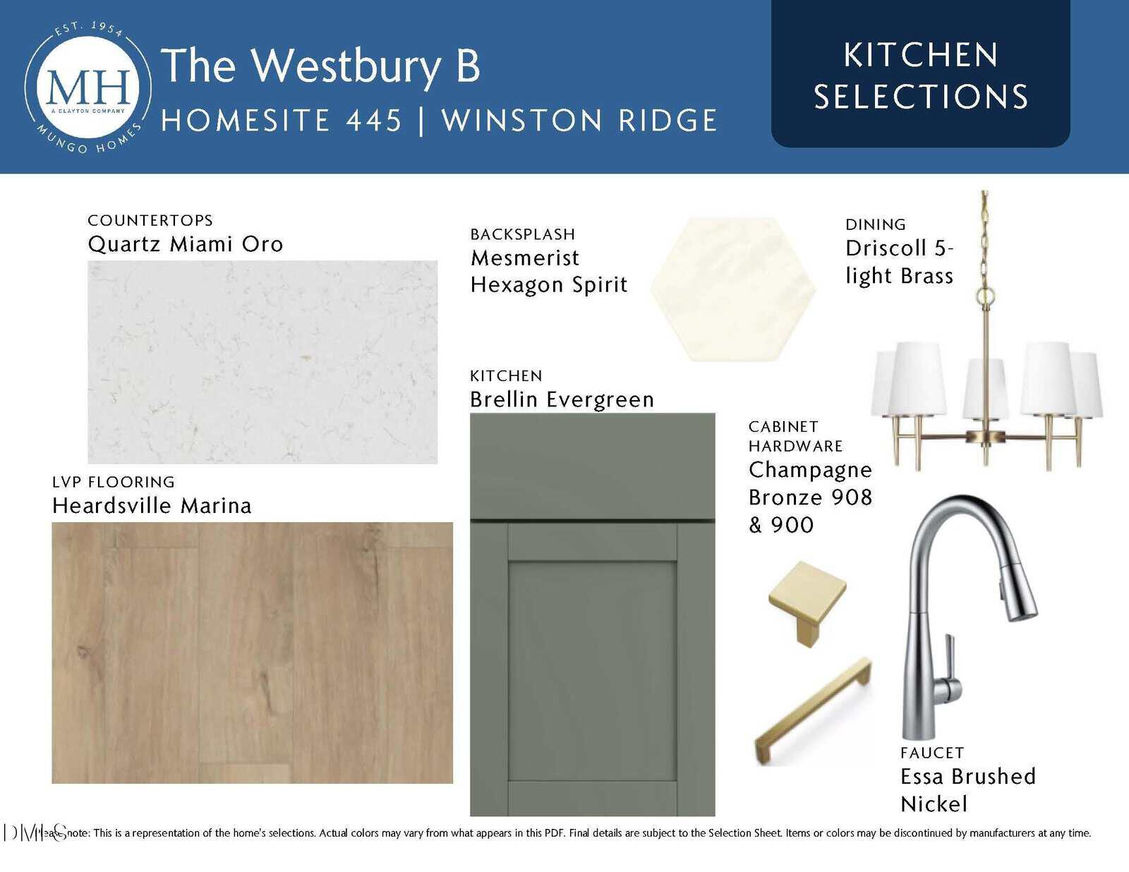A design board for the Westbury B kitchen features quartz countertops, sage green cabinets, neutral LVP flooring, brass hardware, a brushed nickel faucet, and a round brass dining light fixture.
