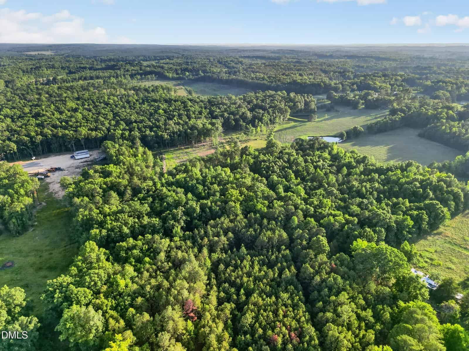 Aerial view of a lush, green forest near Oxford, with dense trees, a clearing on the left with a few vehicles, and a small pond surrounded by grass on the right. The sky above 9579 NC 96 is blue with scattered clouds.