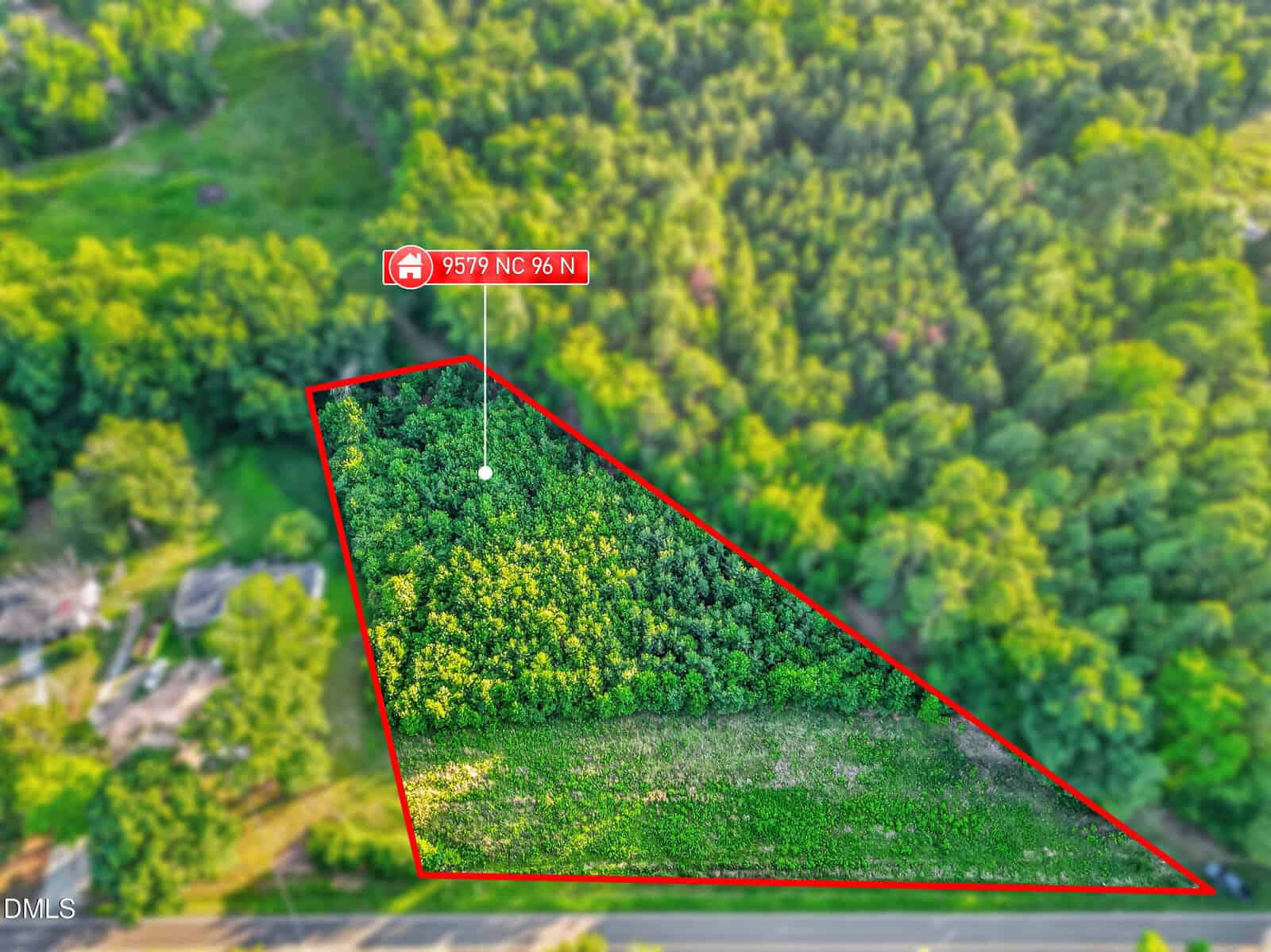 Aerial view of a triangular plot of land outlined in red, mostly covered with trees and some grass, bordered by a road, with a label reading "9579 NC 96 N" above the property. Dense forest surrounds the area.