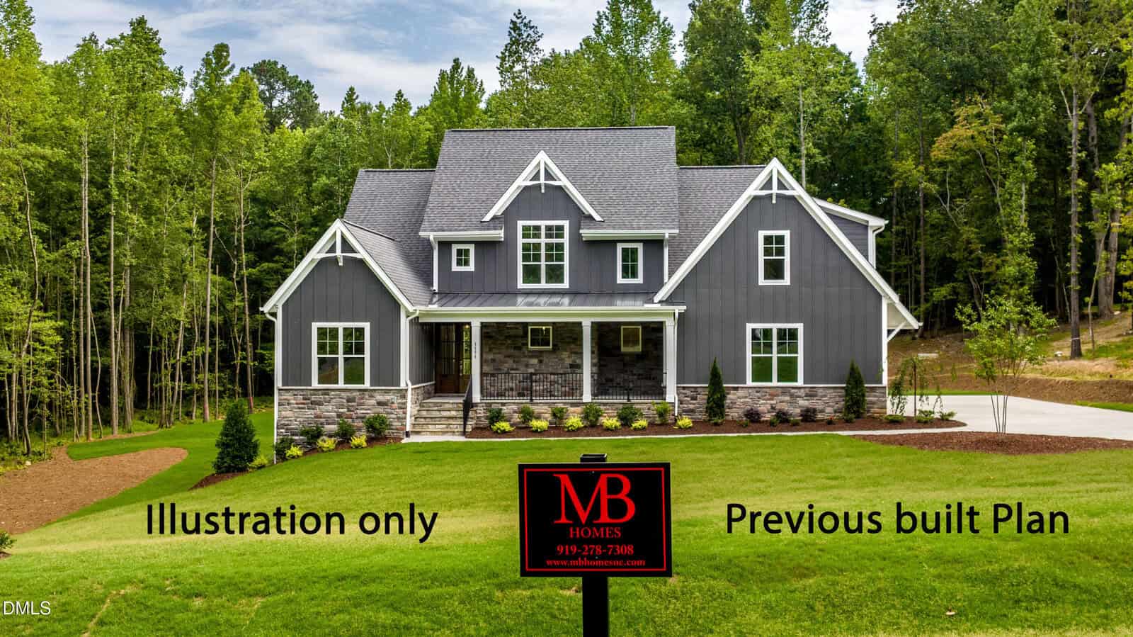 Gray two-story house with front porch, stone accents, and gabled roof, surrounded by green lawn and trees at 3847 Graham Sherron Road in Wake Forest. Text reads: “Illustration only” and “Previous built Plan.” MB Homes sign is in front yard.