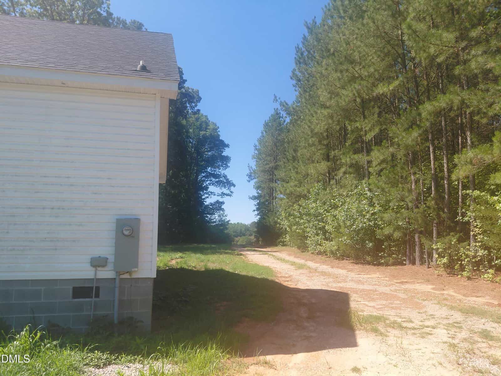 A white house sits on the left, with an electric meter mounted on its side. A dirt path runs beside it, bordered by tall pine trees under a clear blue sky.