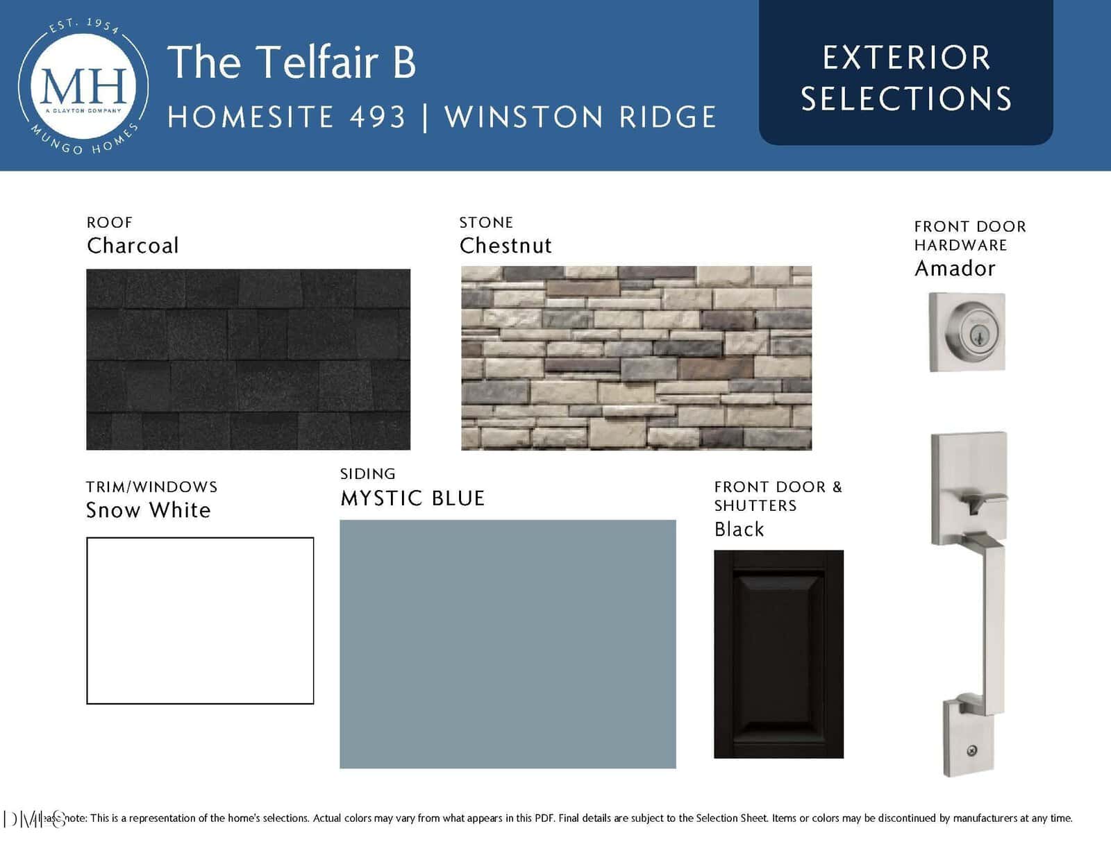 A design board shows exterior selections for a home, including charcoal roof, chestnut stone, snow white trim/windows, mystic blue siding, black front door and shutters, and Amador front door hardware.