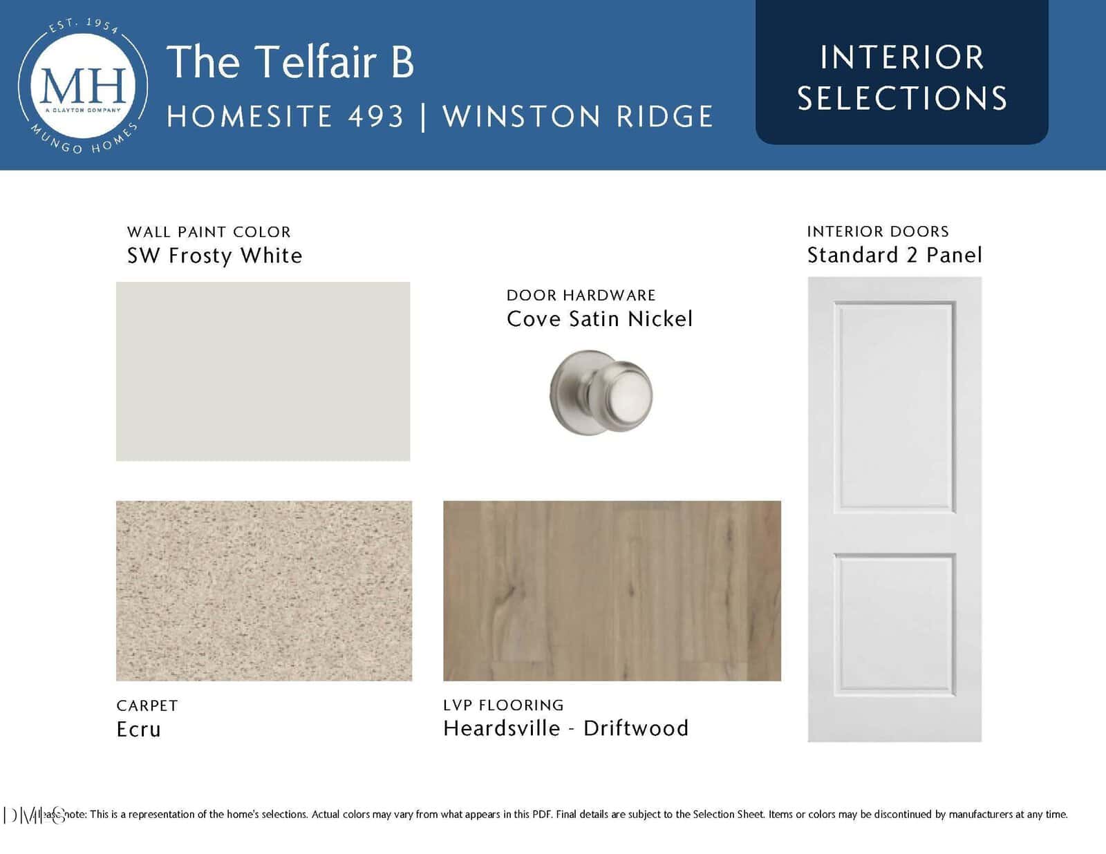 Interior selections board for The Telfair B, showing SW Frosty White wall paint, Cove Satin Nickel door hardware, Standard 2 Panel interior doors, Ecru carpet, and Heardsville Driftwood LVP flooring.