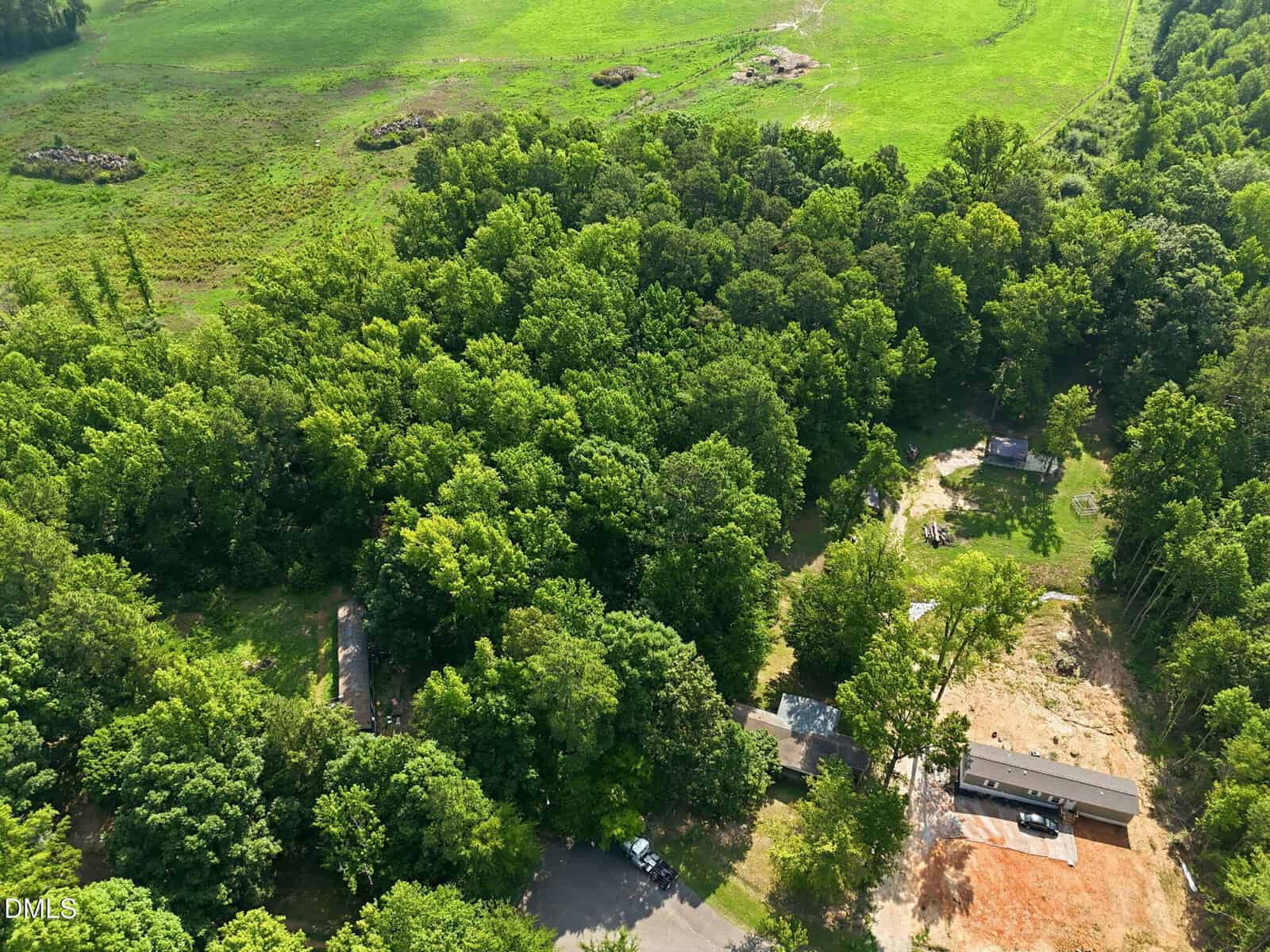 Aerial view of a wooded area with scattered homes, a cleared lot, and a winding road. Surrounding fields and dense green trees dominate the landscape.