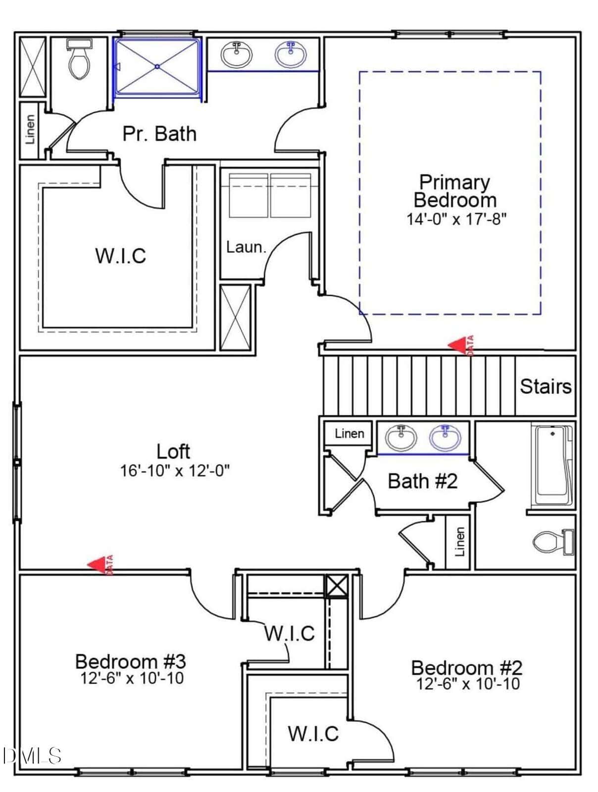 Second-floor home layout with 3 bedrooms, 2 bathrooms, loft, laundry, and closets. Primary bedroom has ensuite bath and walk-in closet. Bedrooms #2 and #3 share bath #2, each with a walk-in closet.