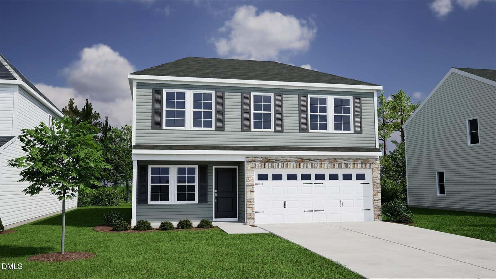 A two-story suburban house at 9 Silverbell Court in Youngsville, featuring gray siding, white trim, a covered porch, and an attached two-car garage. There is a small tree and green lawn in front, with clear sky and neighboring houses visible.