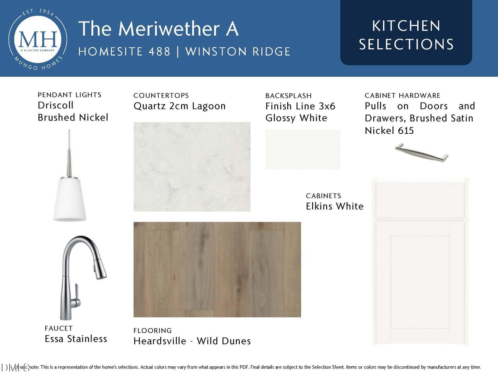 Kitchen selection board for The Meriwether A. Features white cabinets, quartz countertops, Heardsville flooring, Driscoll pendant lights, brushed satin nickel hardware, a stainless faucet, and glossy white backsplash tiles.