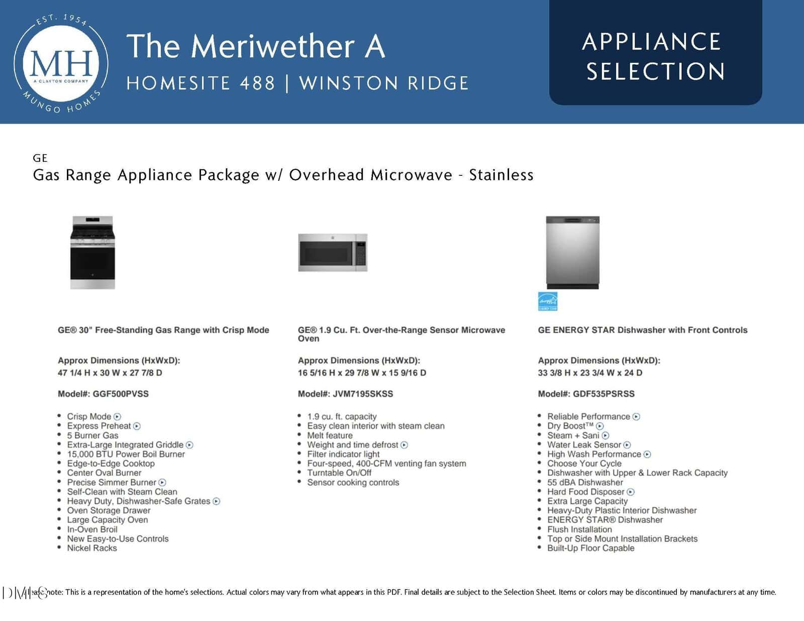 Image showing appliance selection for The Meriwether A at Homesite 488, including a GE gas range, over-the-range microwave, and ENERGY STAR dishwasher, with features and dimensions listed for each.