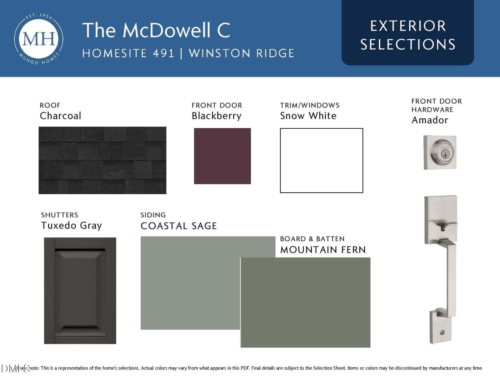 Exterior selections for The McDowell C home, featuring charcoal roof, blackberry front door, snow white trim/windows, tuxedo gray shutters, coastal sage siding, mountain fern board, and amador front door hardware.