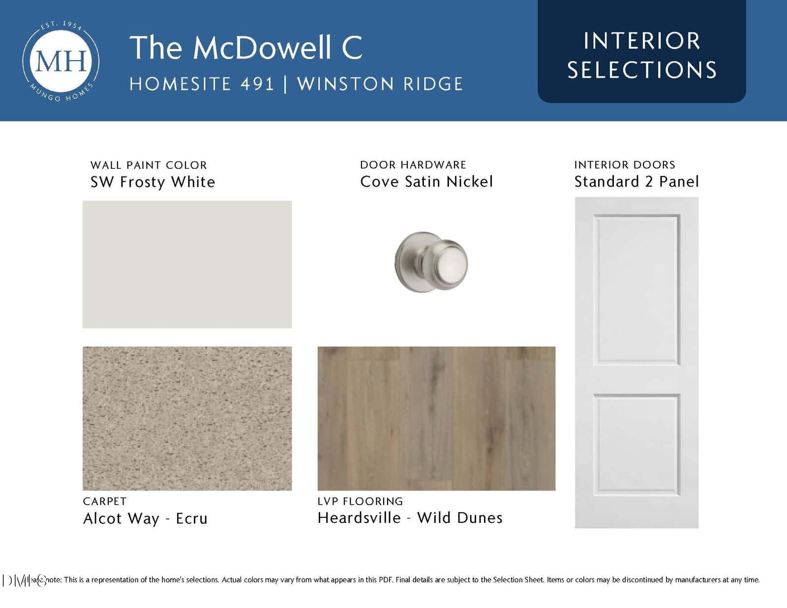 Interior selections board for The McDowell C, showing wall paint (SW Frosty White), carpet (Alcot Way - Ecru), door hardware (Cove Satin Nickel), flooring (Heardsville - Wild Dunes), and 2-panel interior door style.
