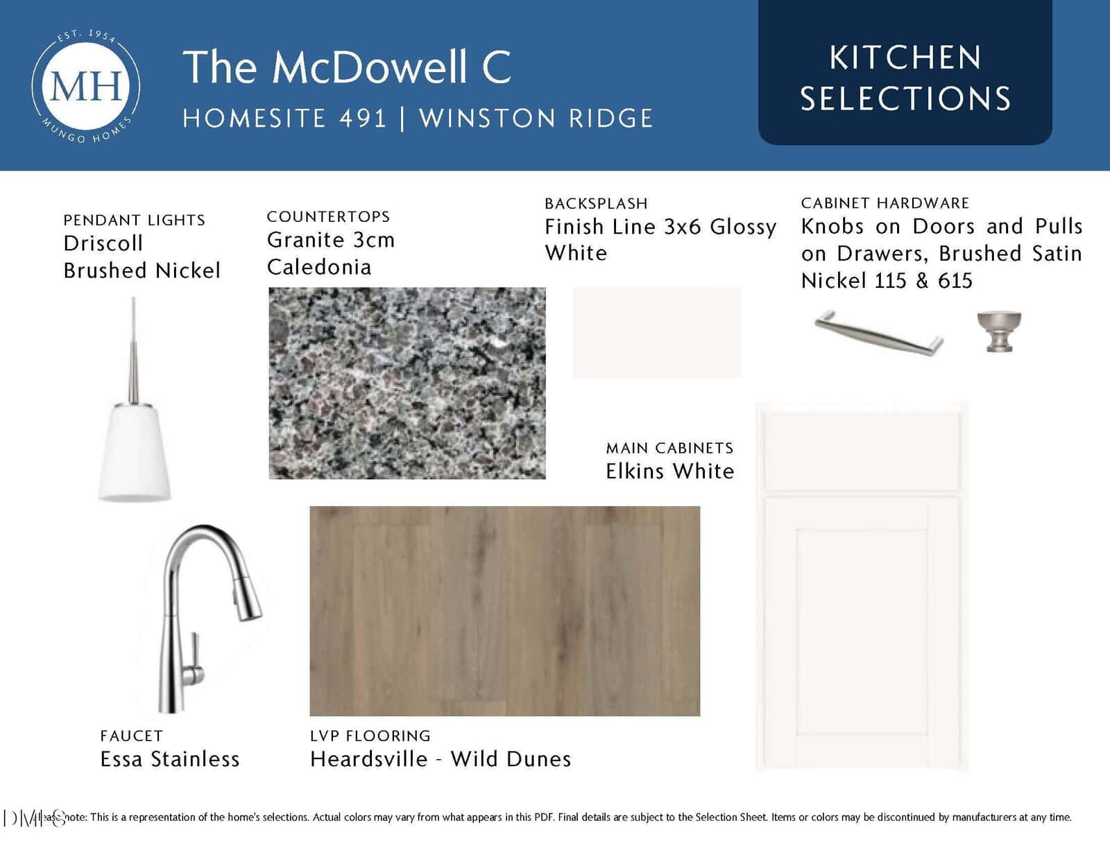 Kitchen selections board for The McDowell C home, featuring samples for granite countertop, backsplash tile, cabinet hardware, cabinet door, pendant lights, faucet, and wood flooring swatch.