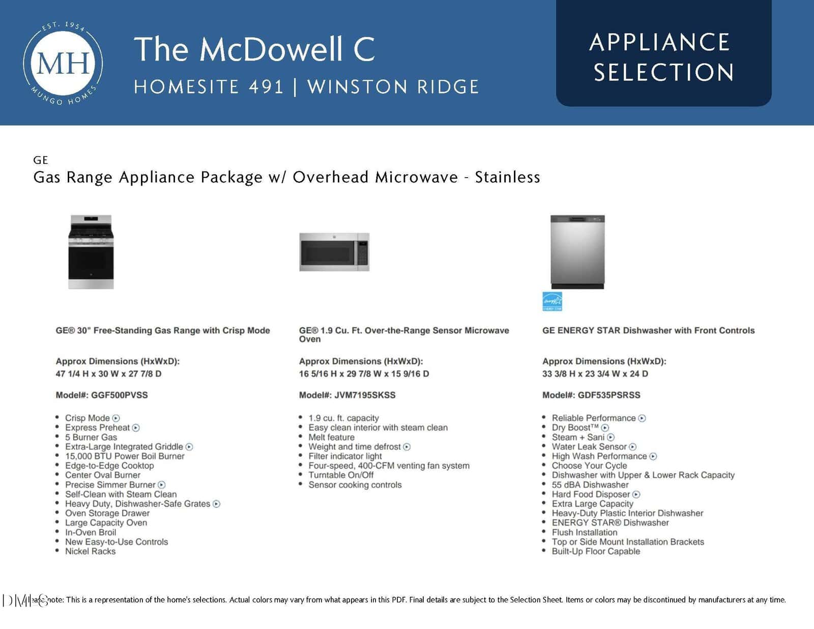 Appliance selection sheet for The McDowell C, showing details and specs for GE gas range, microwave, and dishwasher in stainless steel, with images and dimensions for each appliance.