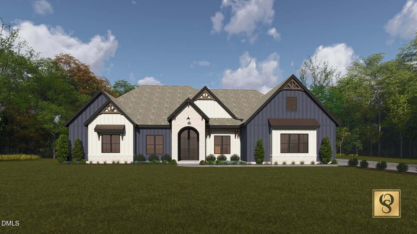 A modern farmhouse at 295 Forest Bridge Road in Youngsville, featuring dark and light siding, gabled roofs, a large arched entryway, and symmetrical windows, is surrounded by green lawn, trees, and a blue sky with clouds.
