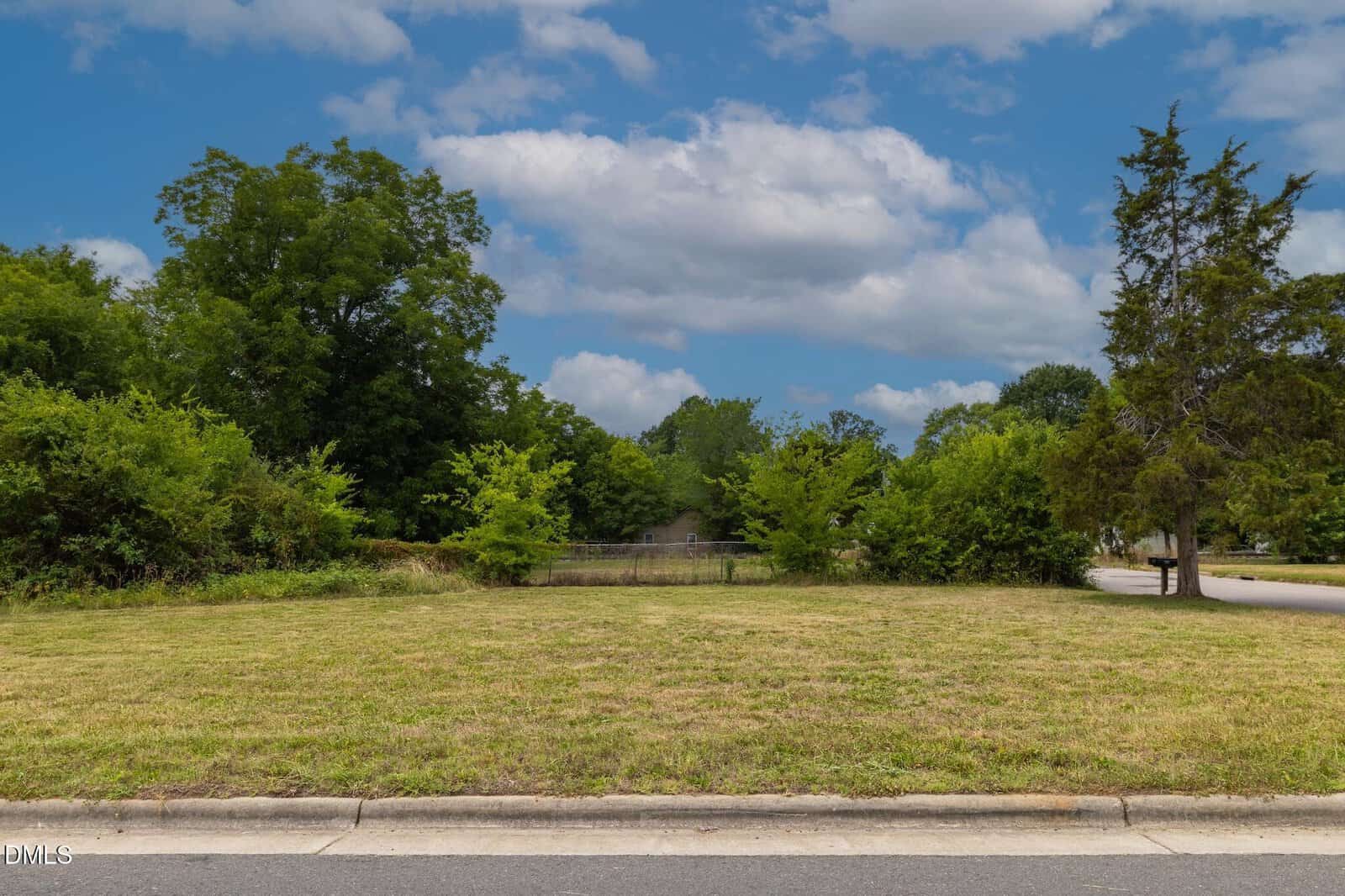 A grassy empty lot bordered by trees and bushes under a partly cloudy sky, with a road and sidewalk in the foreground, located at 613 Broad Street in Oxford.