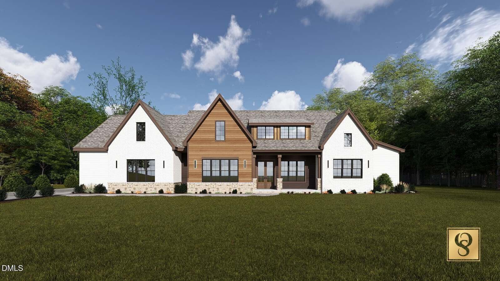 Modern farmhouse at 304 Hidden Lake Drive in Youngsville, featuring white brick and wood siding, multiple gables, large windows, and stone accents, set against a green lawn and surrounded by trees under a partly cloudy sky.