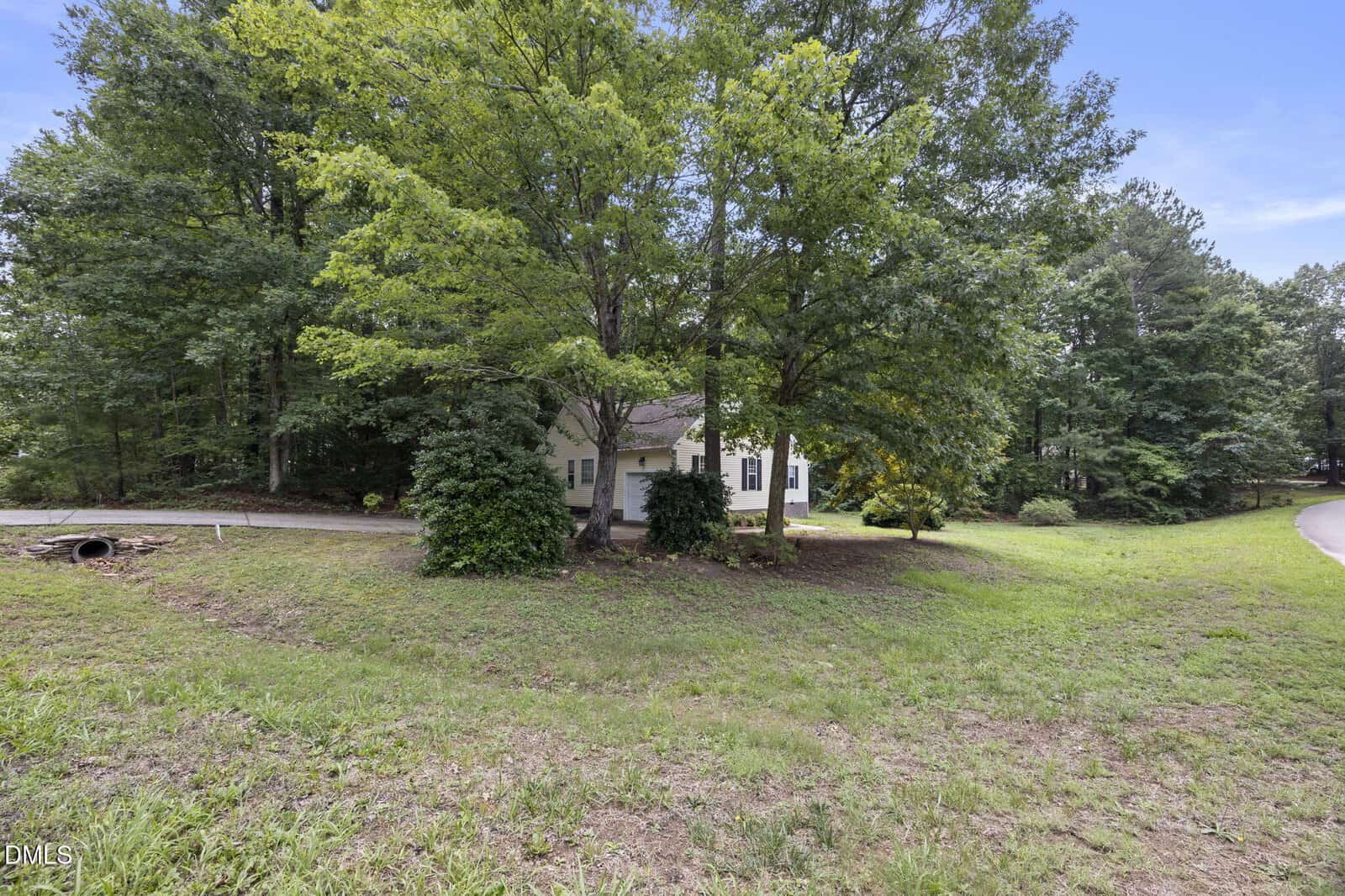 A white house partially hidden behind leafy green trees, with a curved driveway and grassy yard, surrounded by a wooded area under a blue sky.